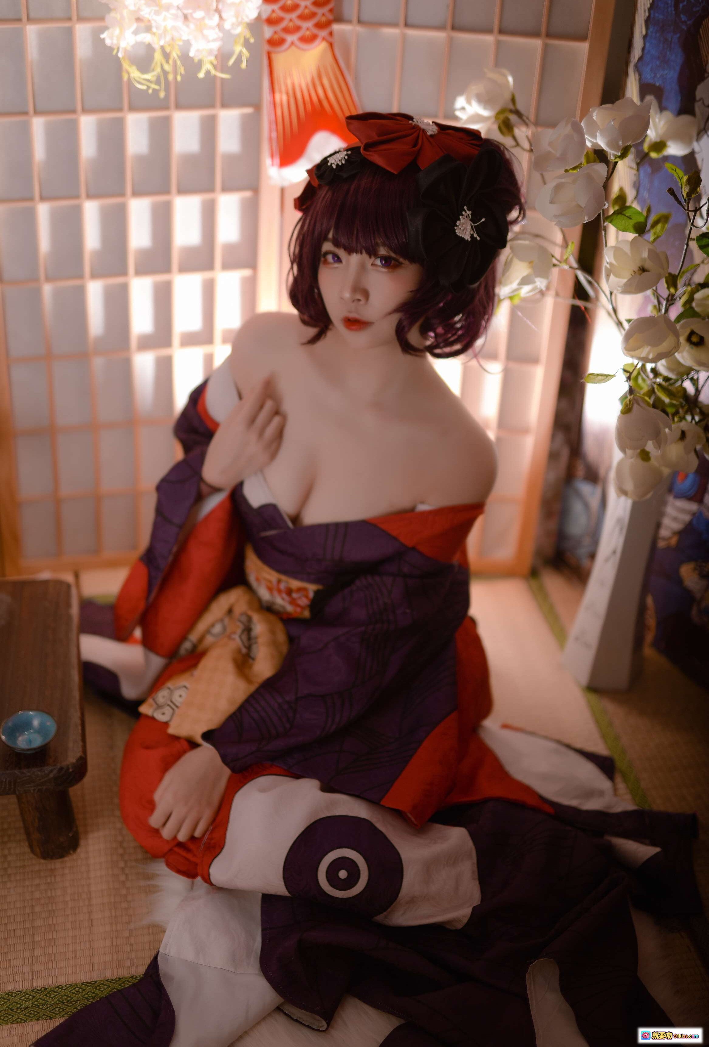 图片[3] - 二佐Nisa NO.001 Fate葛饰北斋和风Cosplay写真 紫发红伞日式屏风美少女摄影集 - 就要吻