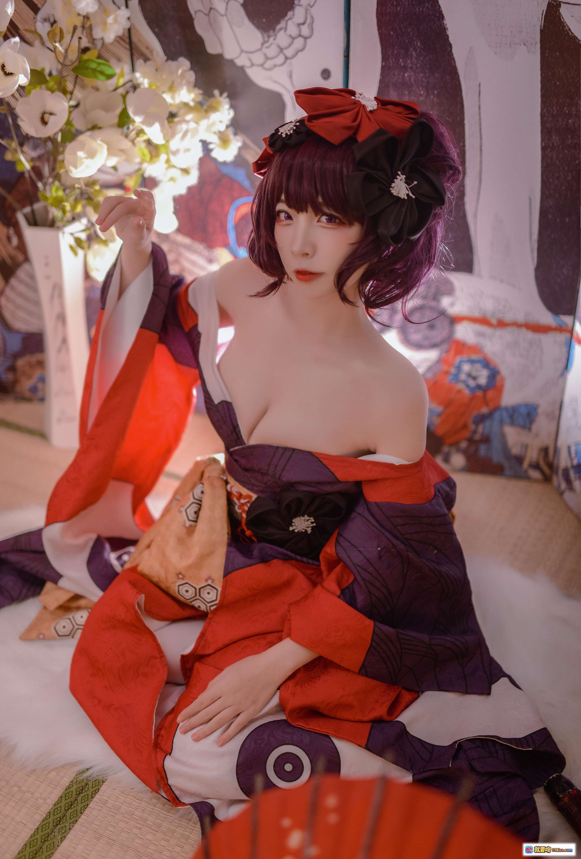 图片[5] - 二佐Nisa NO.001 Fate葛饰北斋和风Cosplay写真 紫发红伞日式屏风美少女摄影集 - 就要吻