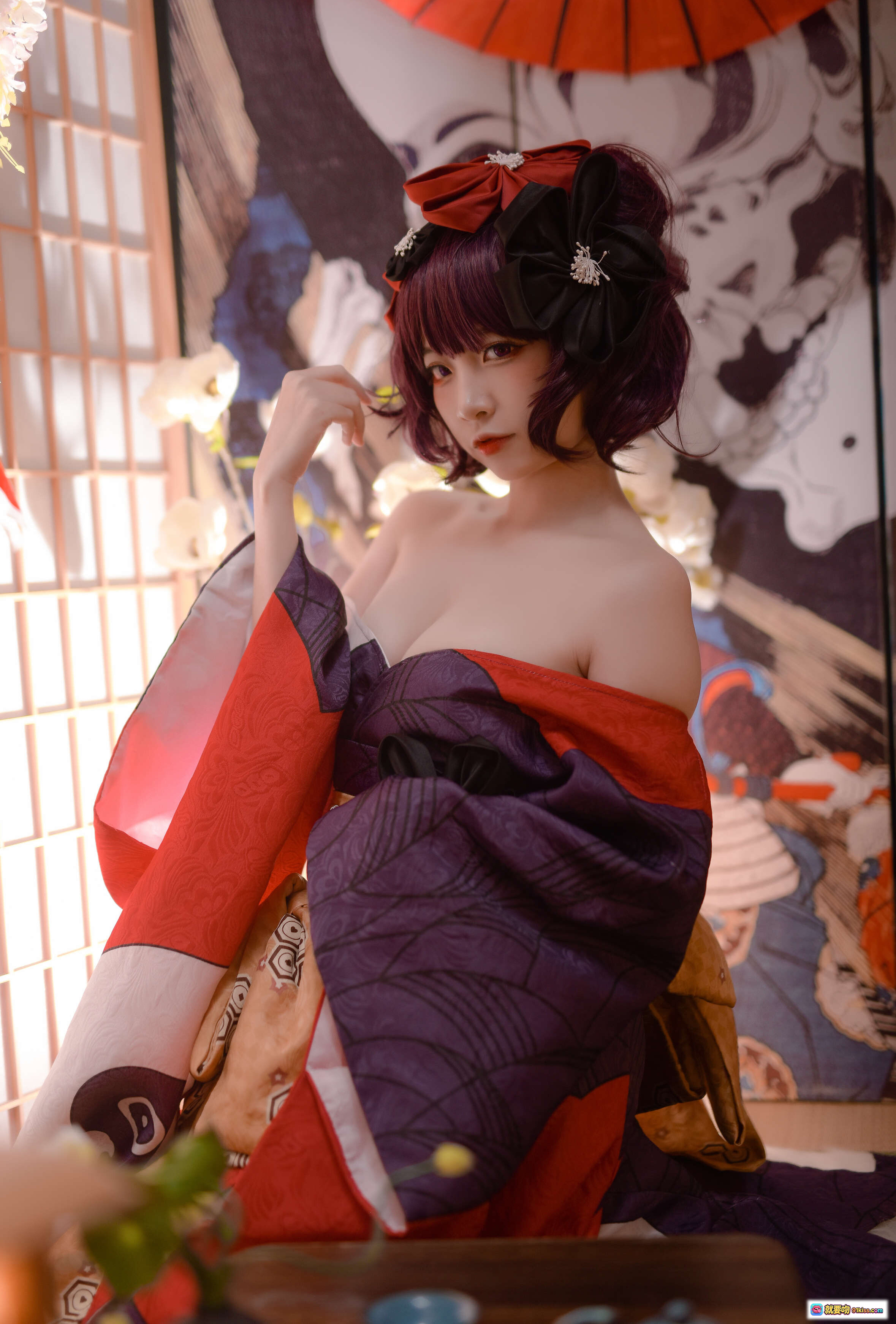 图片[7] - 二佐Nisa NO.001 Fate葛饰北斋和风Cosplay写真 紫发红伞日式屏风美少女摄影集 - 就要吻