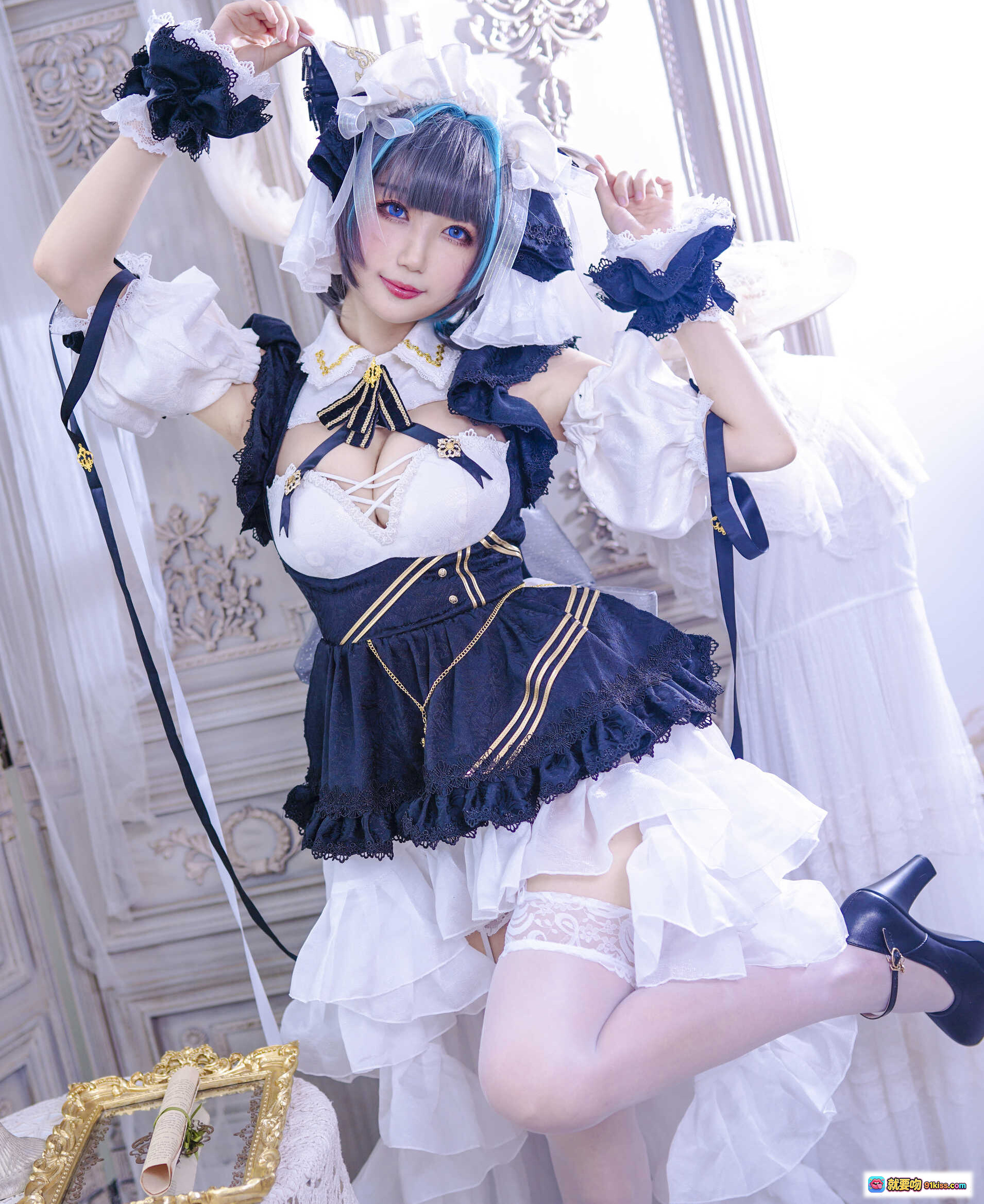 图片[6] - 周叽可爱兔兔NO.016柴郡猫猫cos写真｜黑白色洛丽塔女仆装｜蓝灰渐变发色｜蕾丝蝴蝶结装饰｜甜美少女风摄影集 - 就要吻