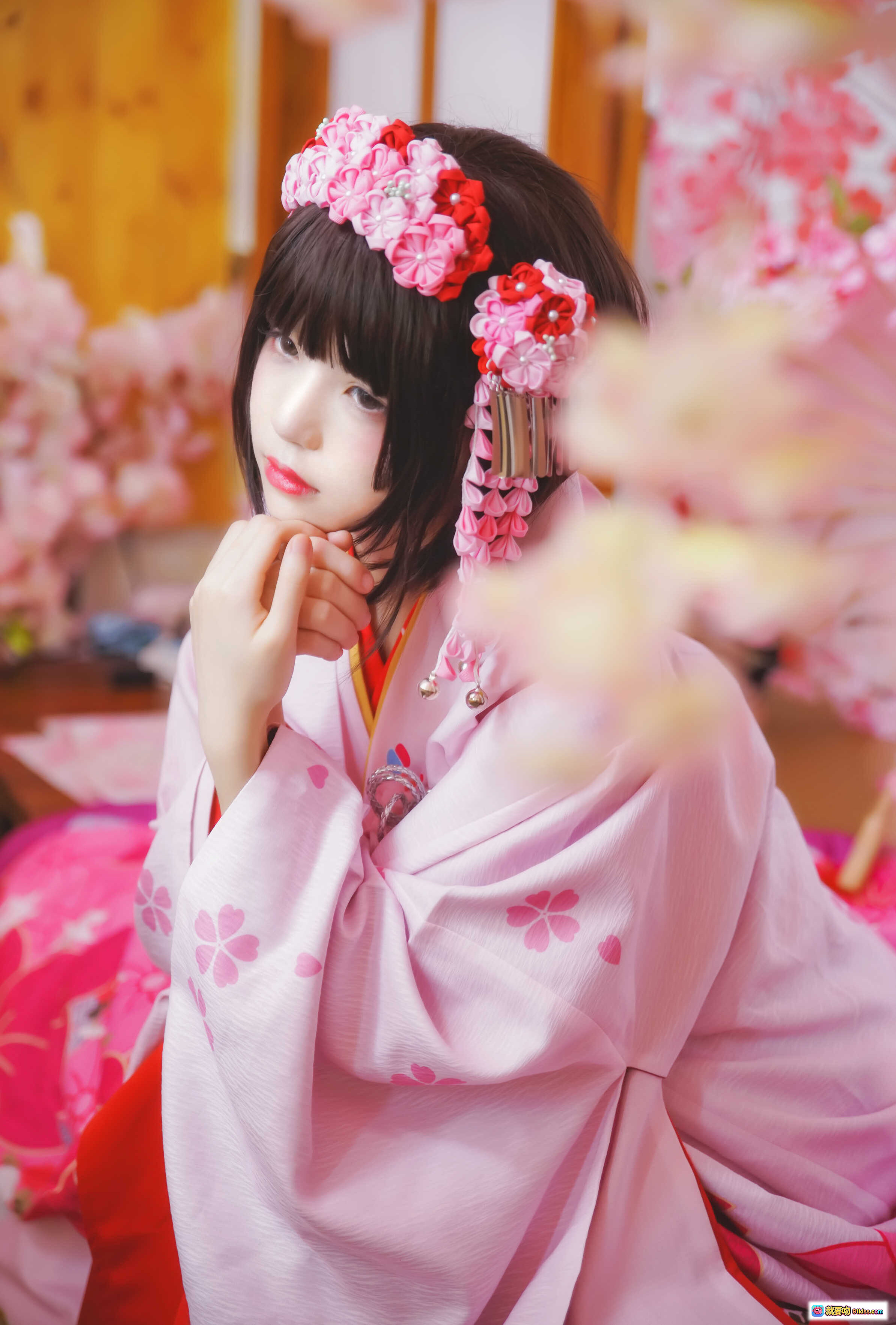 桜桃喵008加藤惠和服写真｜粉色樱花和风造型｜日系少女Cosplay｜精致花饰发饰｜23P高清图集 - 就要吻