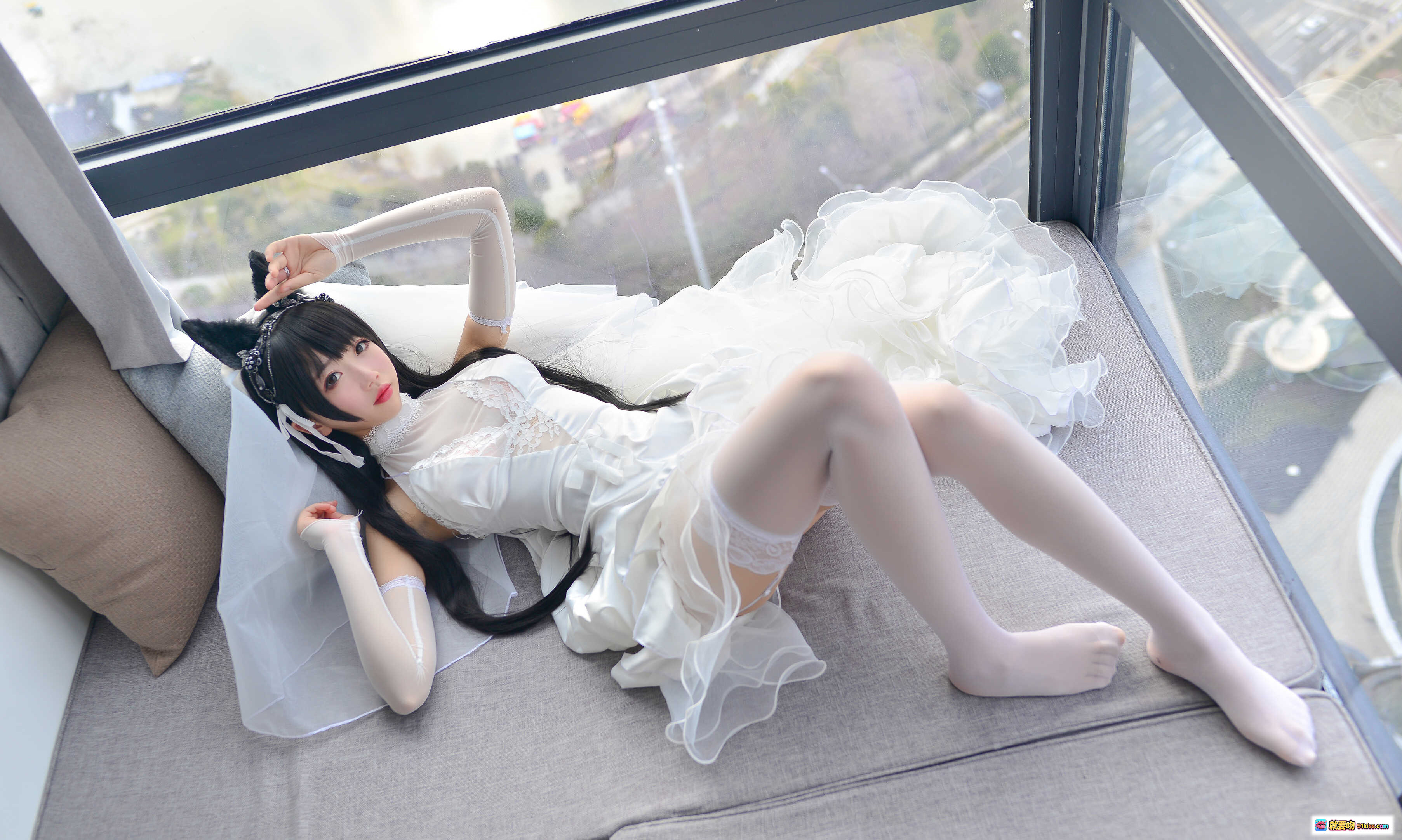 图片[8] - 雪琪SAMA NO.003 爱宕婚纱Cosplay 白色蕾丝猫耳新娘装 高楼窗边写真 38P高清图集 - 就要吻