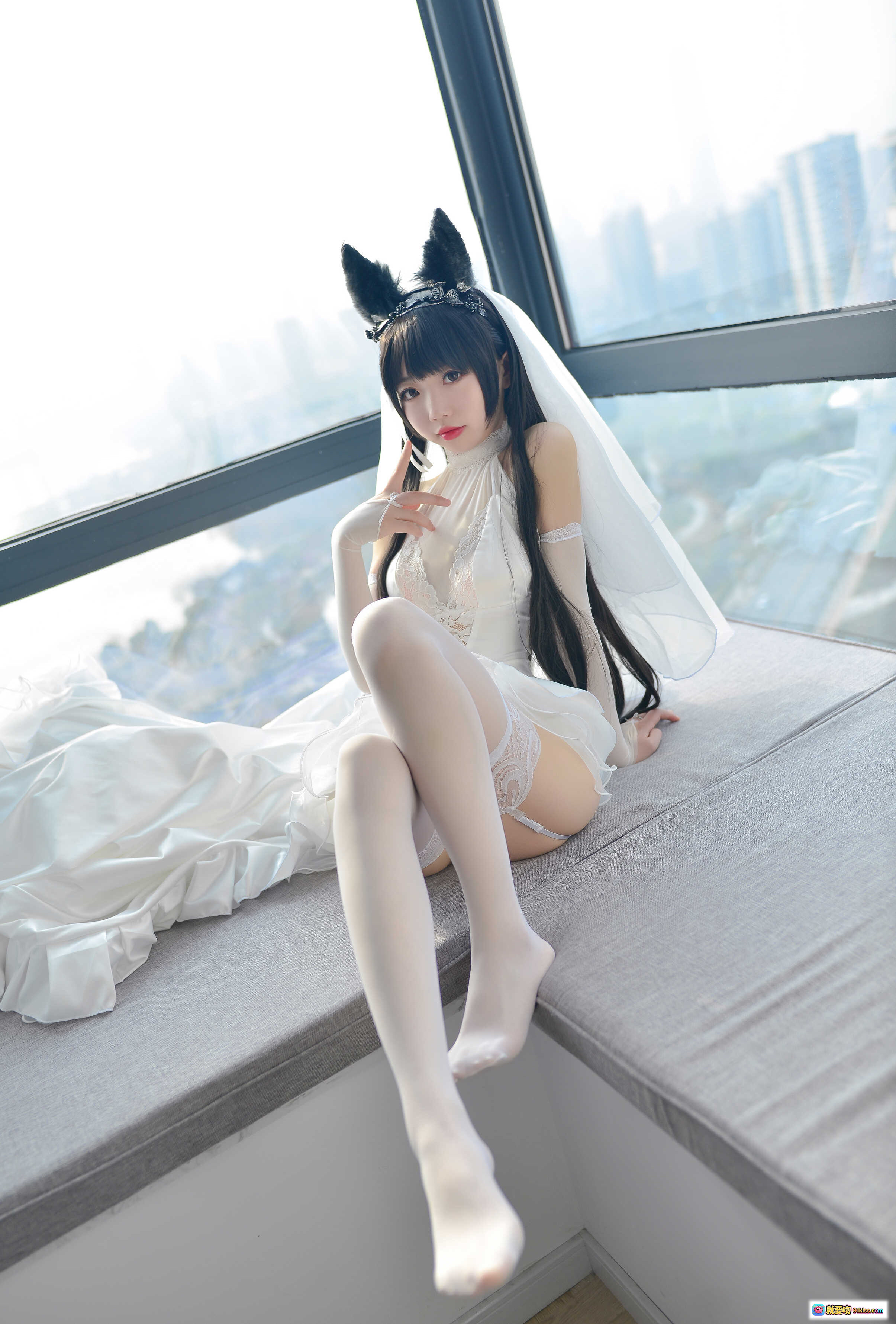 图片[10] - 雪琪SAMA NO.003 爱宕婚纱Cosplay 白色蕾丝猫耳新娘装 高楼窗边写真 38P高清图集 - 就要吻