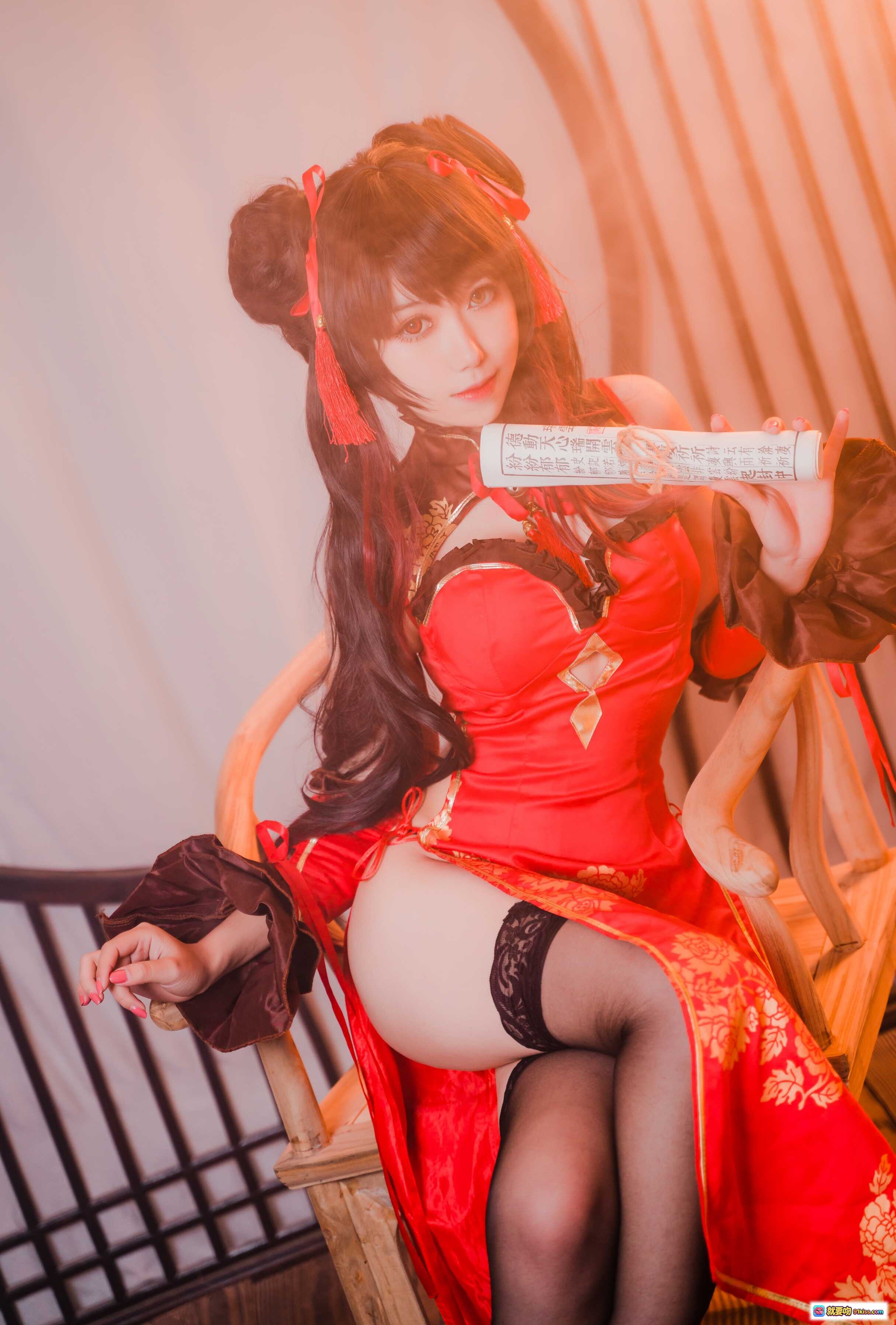 图片[2] - 芋圆侑子NO.003狂三Cosplay写真｜红金古风和服造型｜精致发饰手持蓝卷轴｜12P高清美图 - 就要吻