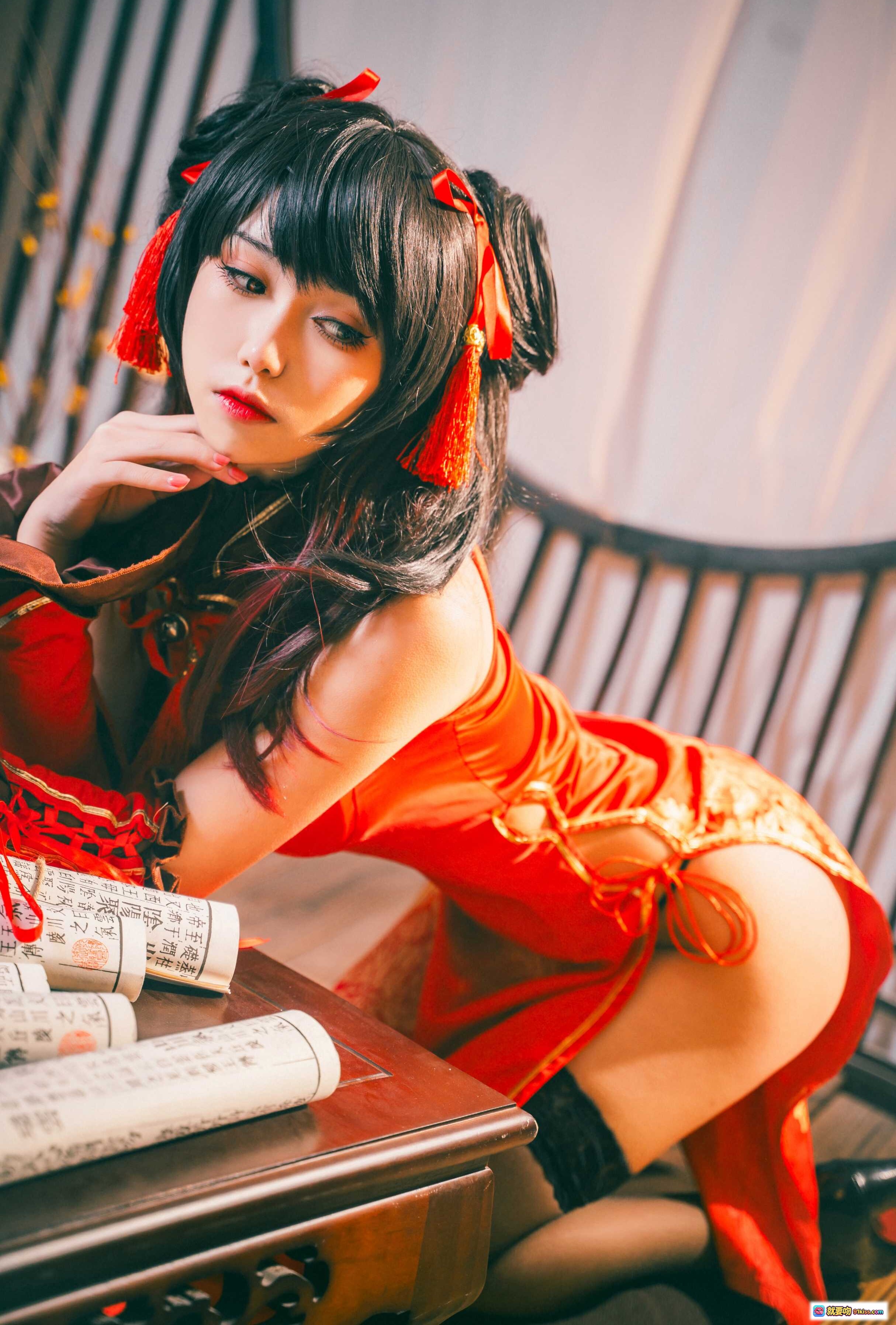 图片[4] - 芋圆侑子NO.003狂三Cosplay写真｜红金古风和服造型｜精致发饰手持蓝卷轴｜12P高清美图 - 就要吻