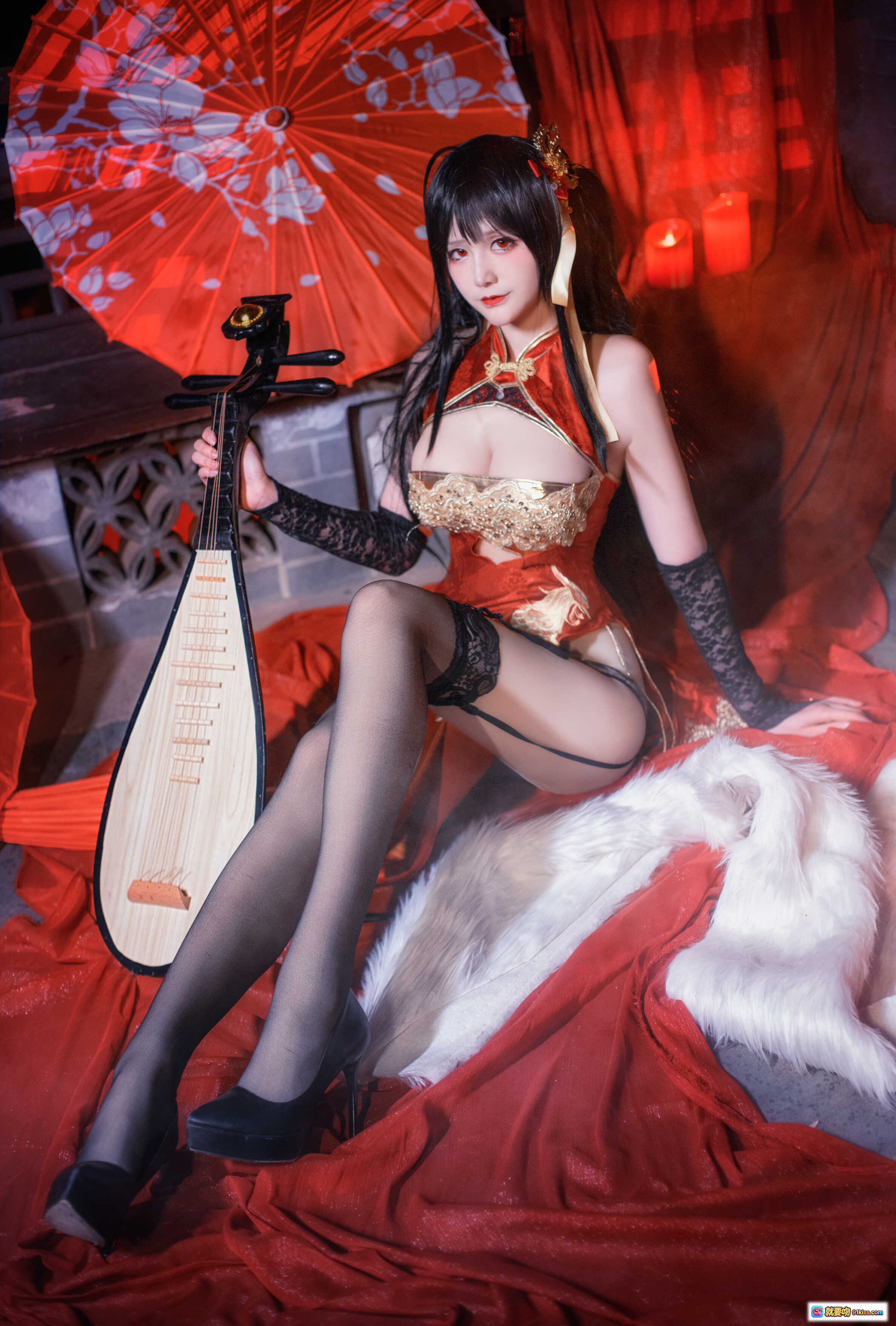 图片[2] - 仙九Airi NO.012 大凤 cosplay 红色古风服饰 持琵琶 黑丝蕾丝美腿 东方古典美人写真 25P高清图集 - 就要吻