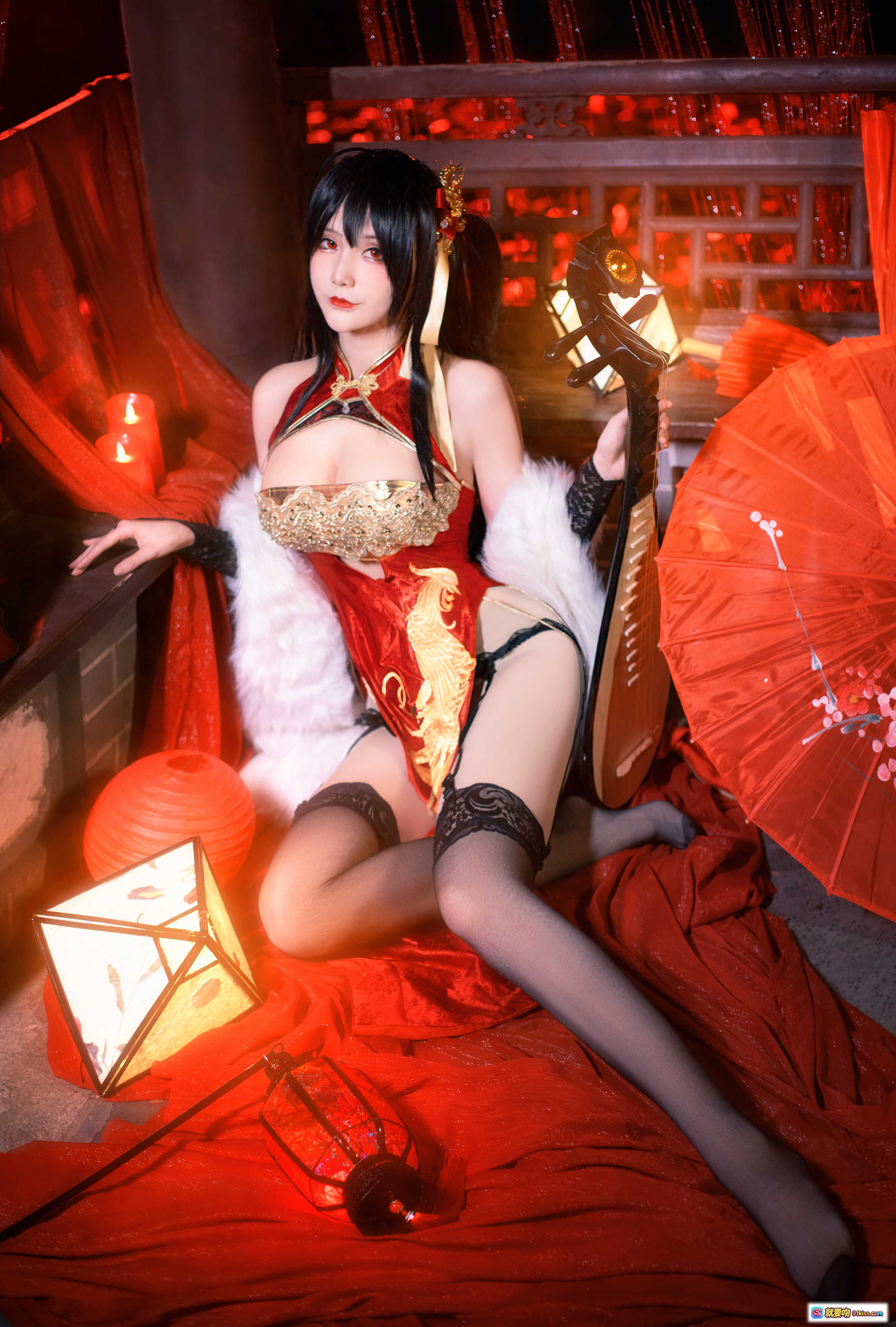图片[4] - 仙九Airi NO.012 大凤 cosplay 红色古风服饰 持琵琶 黑丝蕾丝美腿 东方古典美人写真 25P高清图集 - 就要吻
