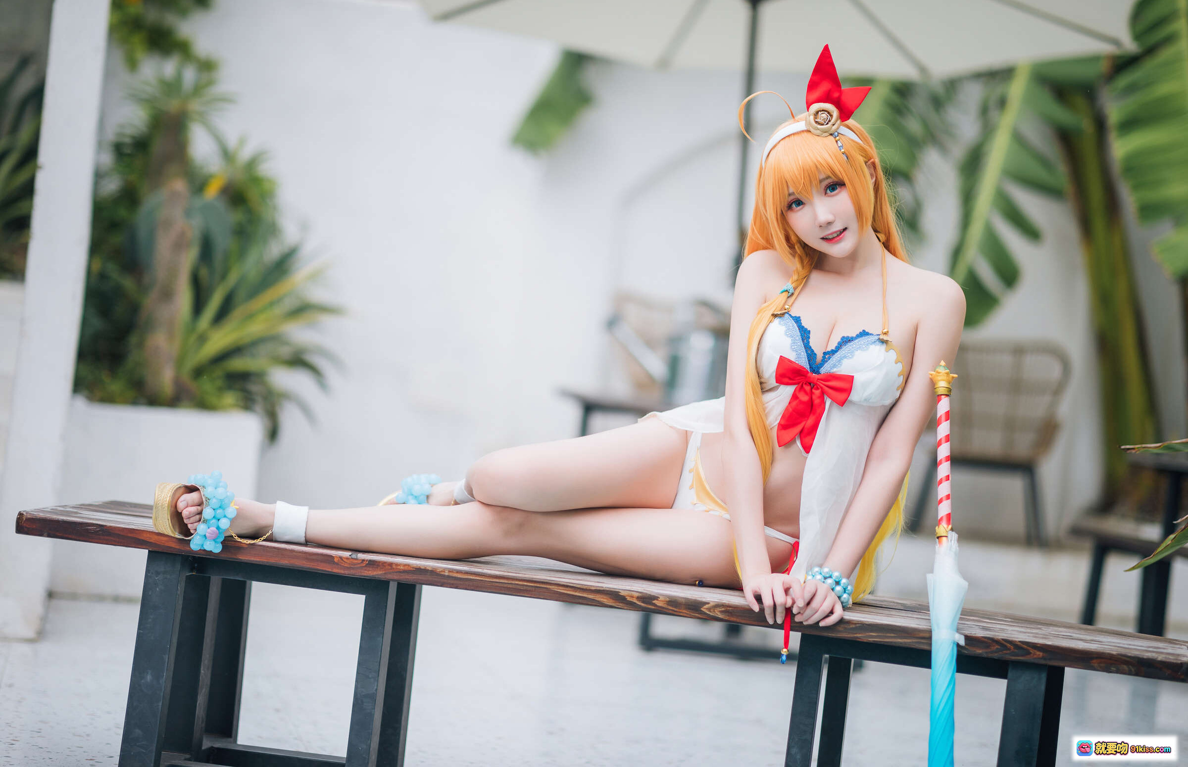 图片[6] - 瓜希酱NO.034公主连结夏日御三家cos泳池写真 金发双马尾白裙比基尼少女美腿性感清凉风 - 就要吻