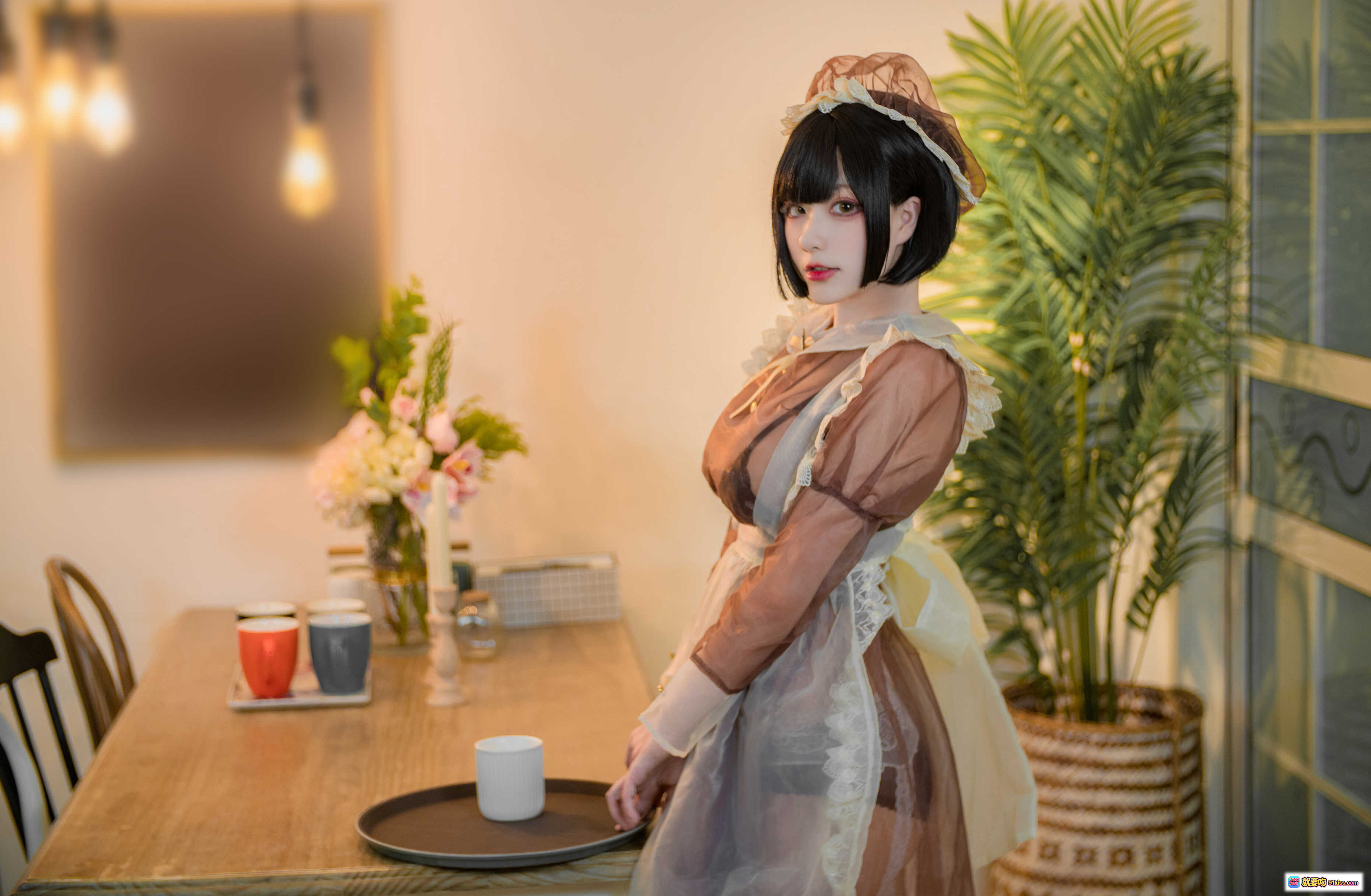 图片[6] - 起司块wii NO.006 棕色透明女仆装 Cosplay写真 50P高清图集 白蕾丝边 深V内衣 黑发短发 甜美性感风 室内场景 桌面道具搭配 - 就要吻
