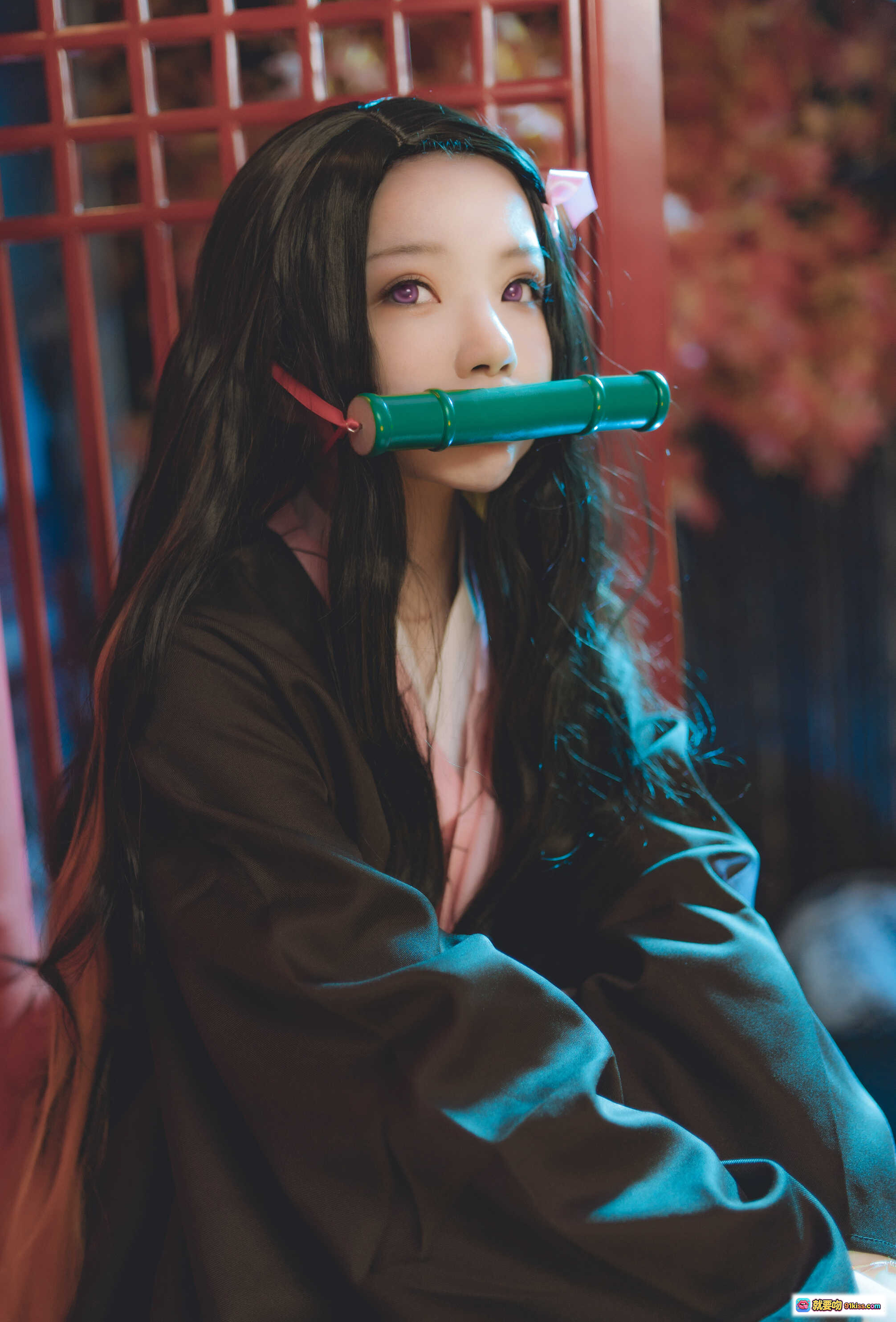 图片[5] - 桜桃喵056灶门祢豆子Cosplay写真｜黑发粉裙竹筒嘴饰日式和风美少女摄影集 - 就要吻