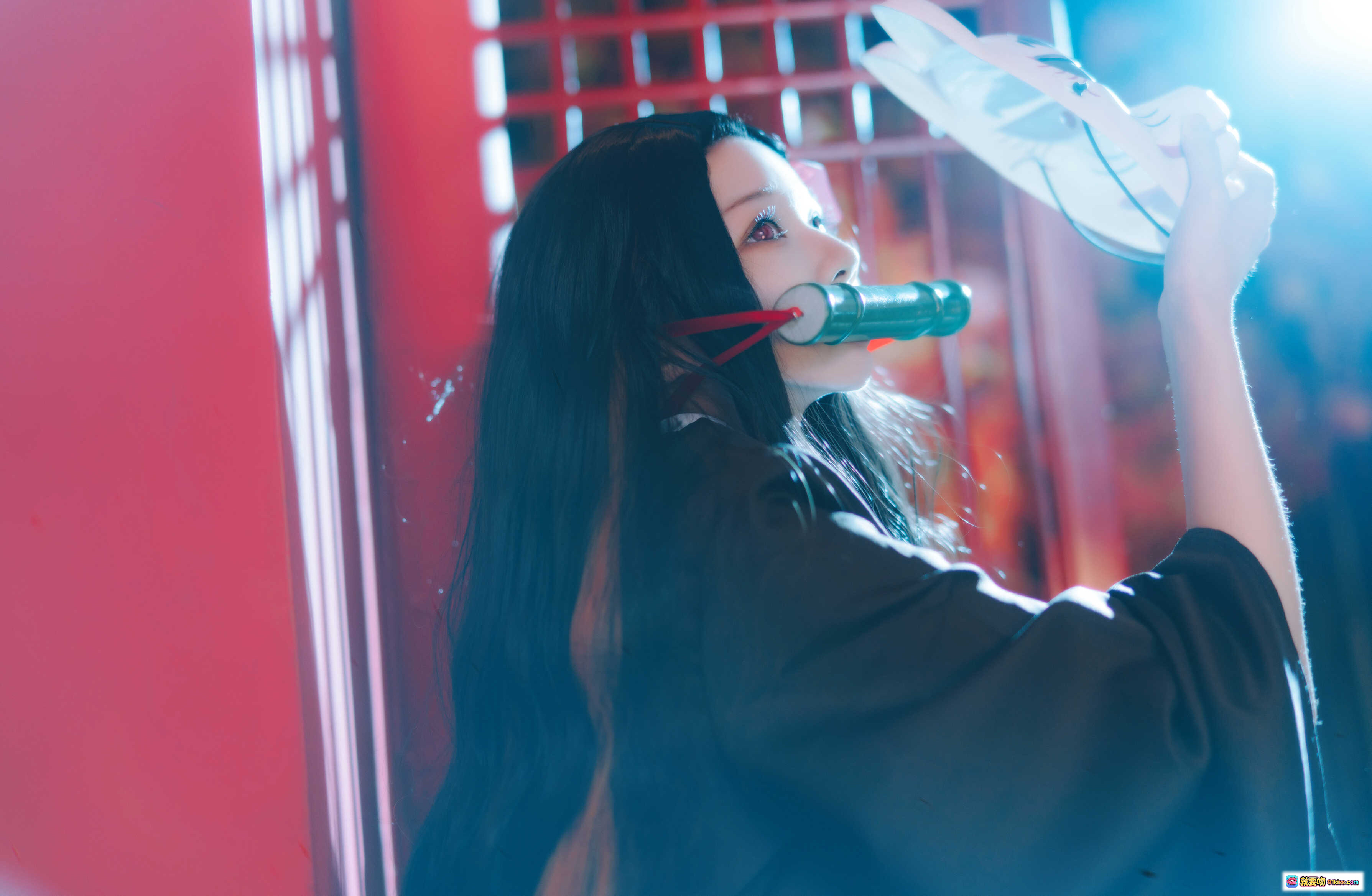 图片[8] - 桜桃喵056灶门祢豆子Cosplay写真｜黑发粉裙竹筒嘴饰日式和风美少女摄影集 - 就要吻