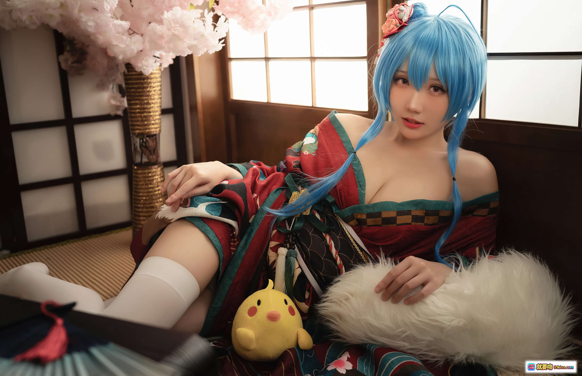 图片[2] - 瓜希酱NO.018圣路易斯月下之饮Cosplay写真 蓝发和风少女 白丝美腿 日式庭院场景 精美和服造型 14P高清图集 - 就要吻