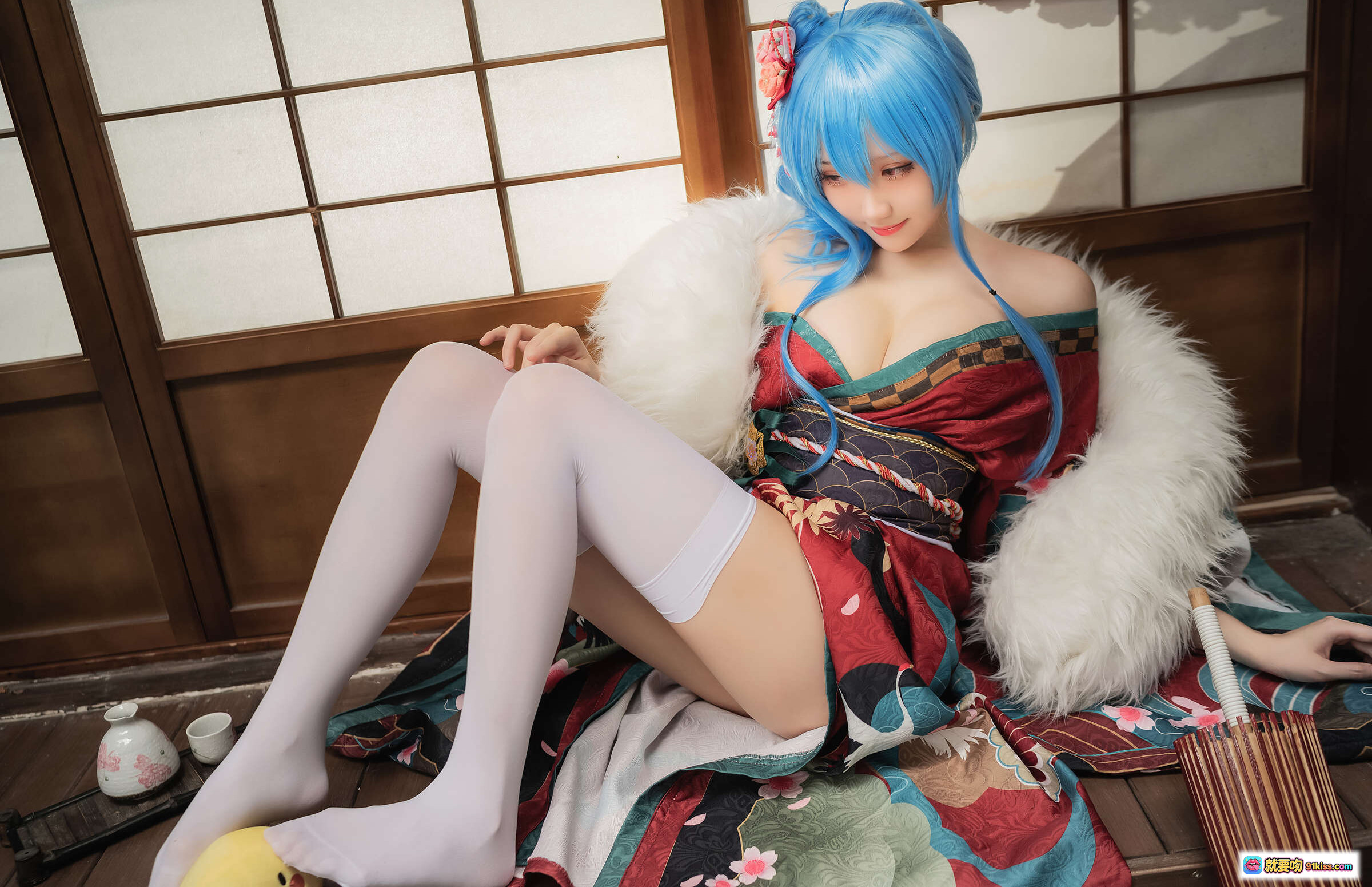 图片[9] - 瓜希酱NO.018圣路易斯月下之饮Cosplay写真 蓝发和风少女 白丝美腿 日式庭院场景 精美和服造型 14P高清图集 - 就要吻