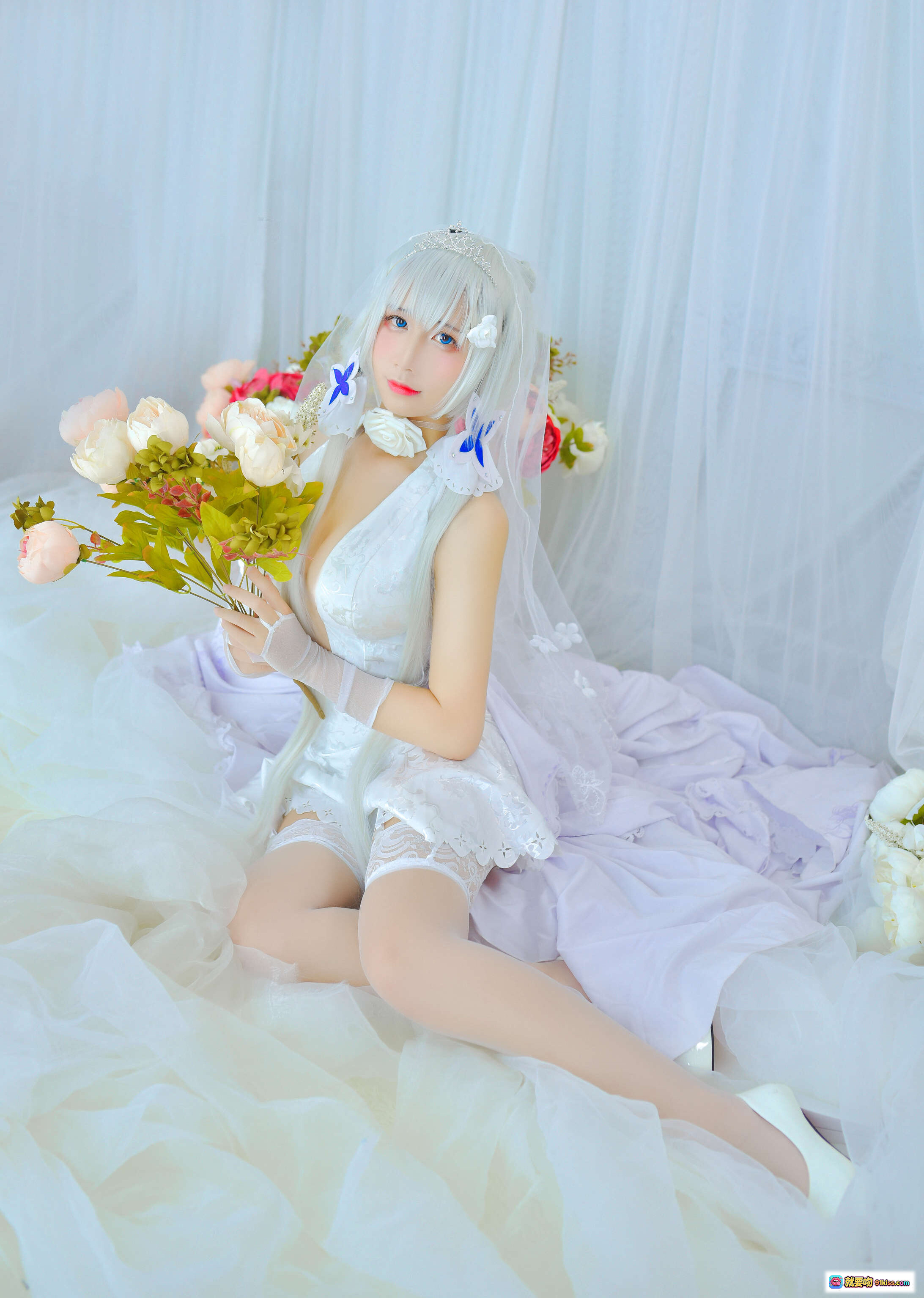 图片[5] - 九曲Jean NO.008 碧海航线 花嫁光辉 白色蕾丝吊带袜 透明手套 婚纱写真 纯欲风 美腿特写 柔光摄影 优雅少女风 - 就要吻