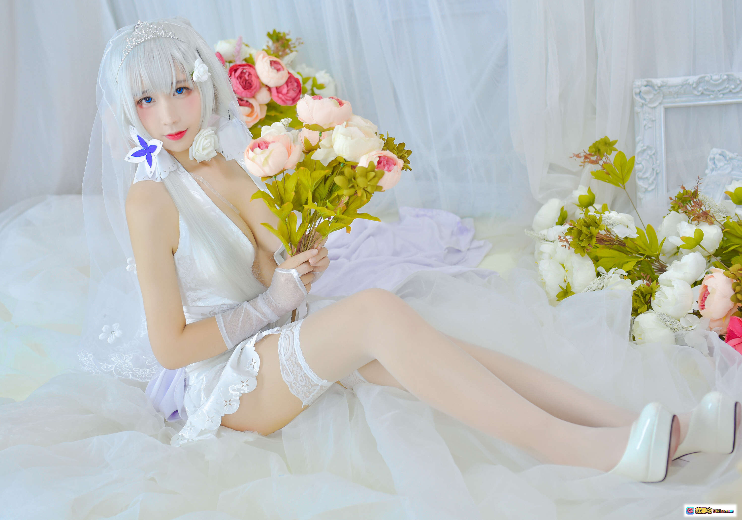 图片[6] - 九曲Jean NO.008 碧海航线 花嫁光辉 白色蕾丝吊带袜 透明手套 婚纱写真 纯欲风 美腿特写 柔光摄影 优雅少女风 - 就要吻