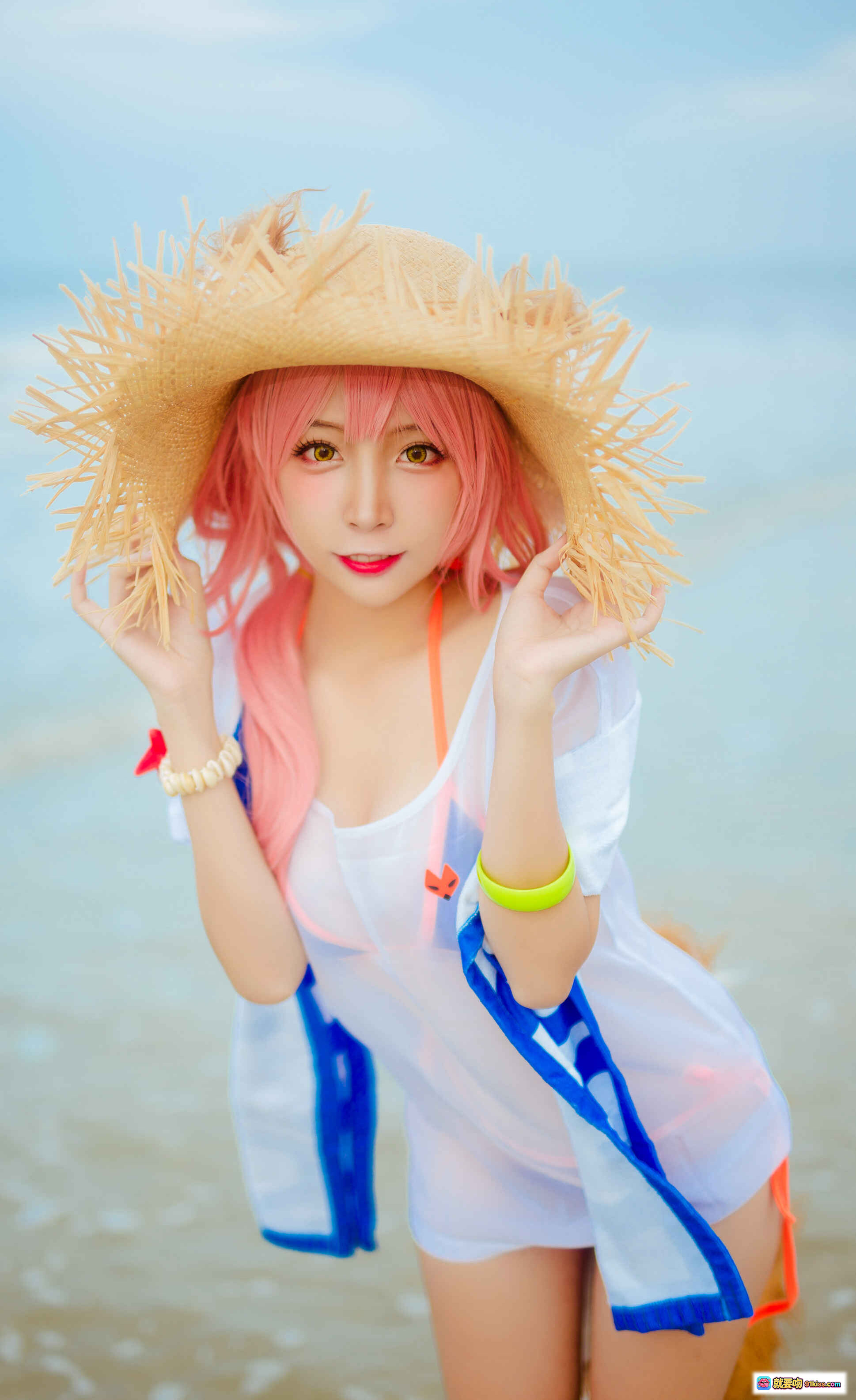 图片[9] - 二佐Nisa NO.097 玉藻前泳装Cosplay 海滩粉色长发草帽白蓝泳衣写真 30P高清图集 - 就要吻