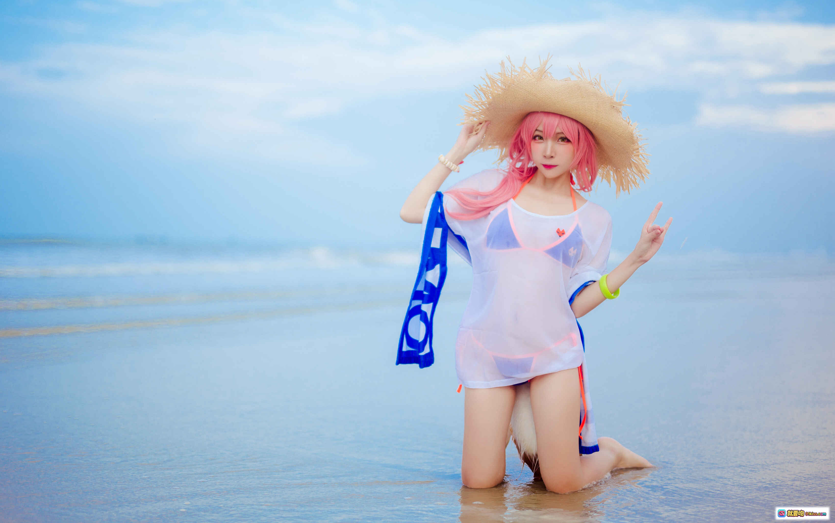 图片[7] - 二佐Nisa NO.097 玉藻前泳装Cosplay 海滩粉色长发草帽白蓝泳衣写真 30P高清图集 - 就要吻