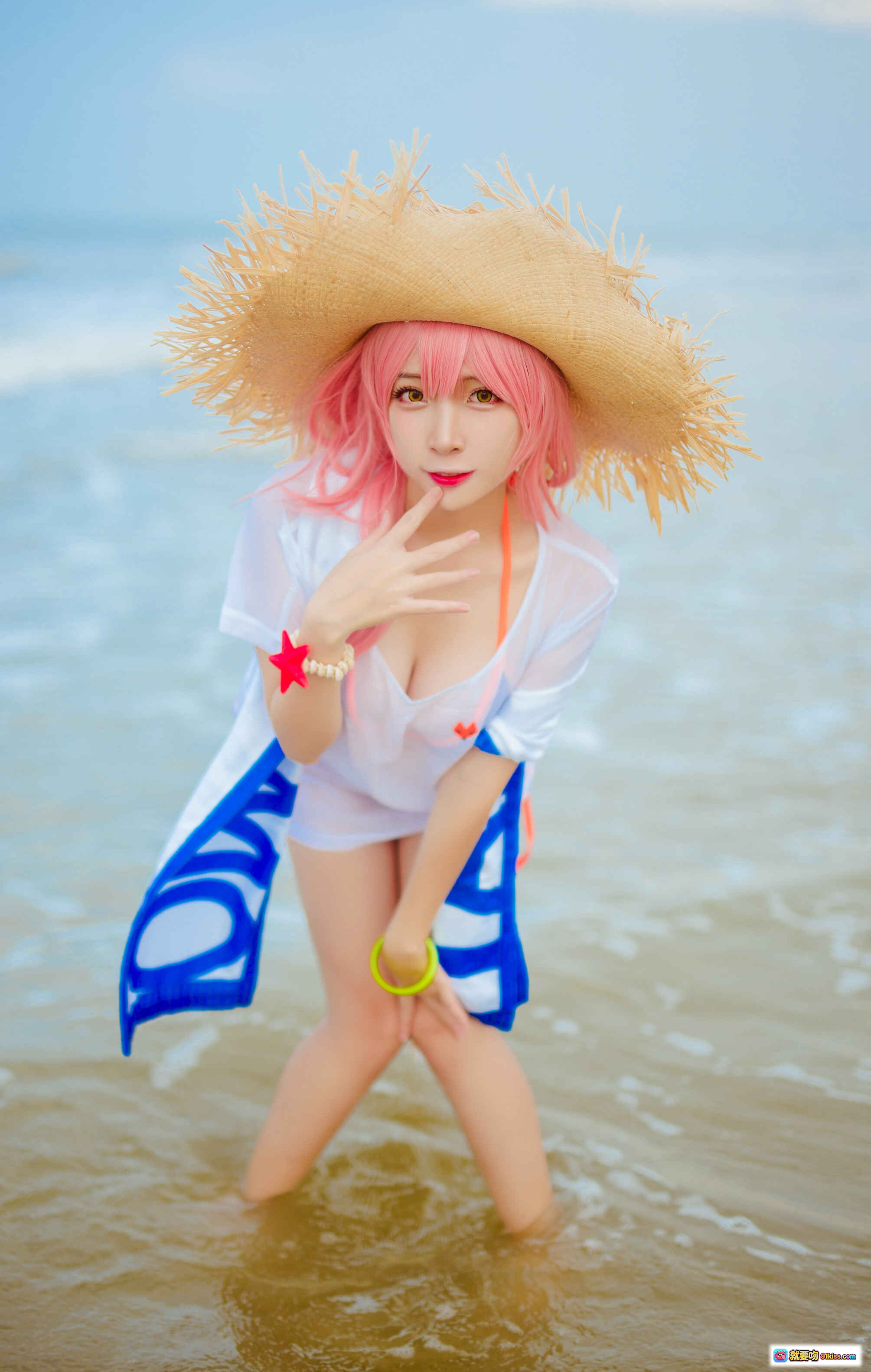 图片[6] - 二佐Nisa NO.097 玉藻前泳装Cosplay 海滩粉色长发草帽白蓝泳衣写真 30P高清图集 - 就要吻