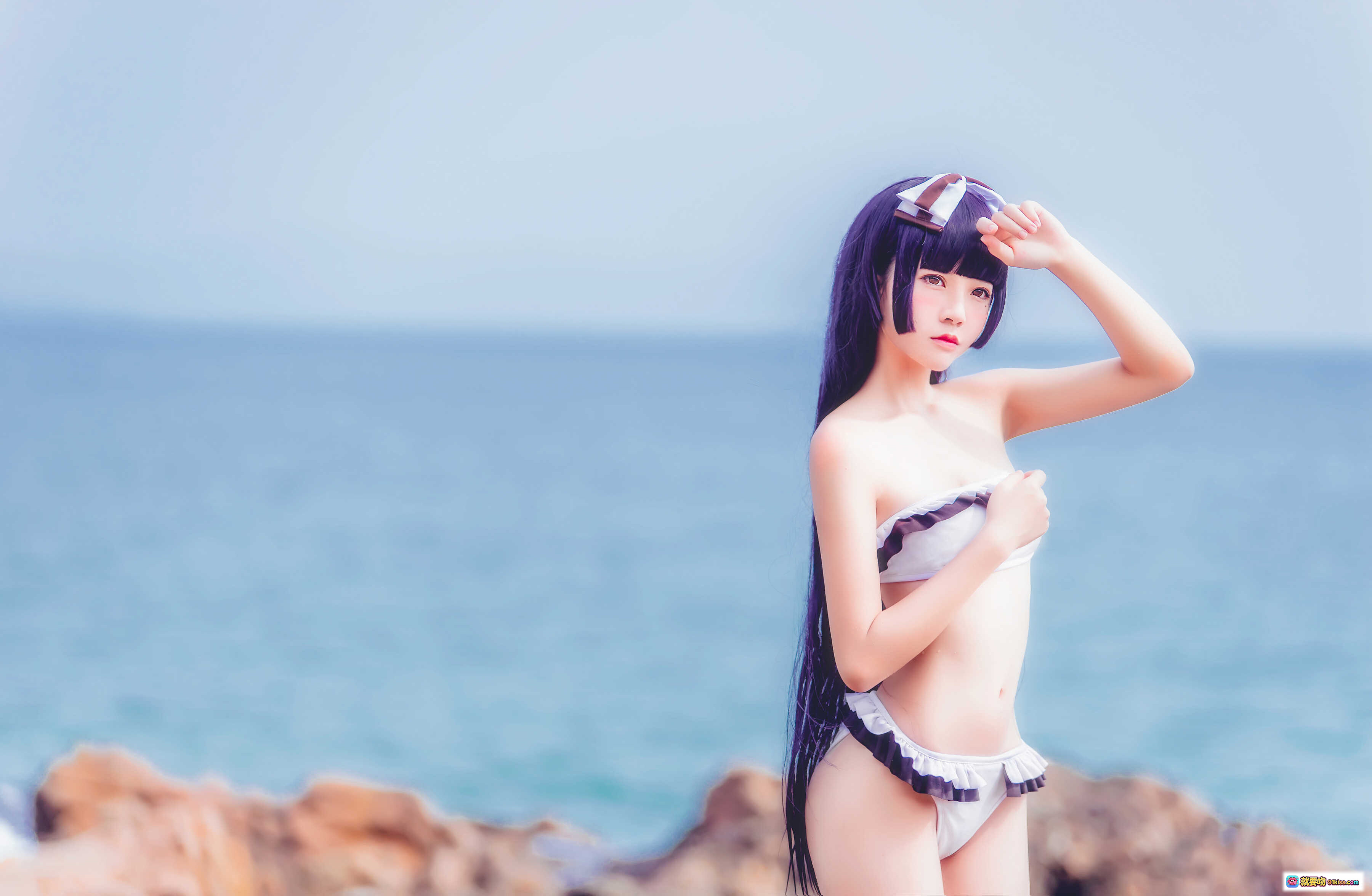 桜桃喵059五更琉璃泳装Cosplay海边写真 紫发少女比基尼沙滩风情21P高清图集 - 就要吻