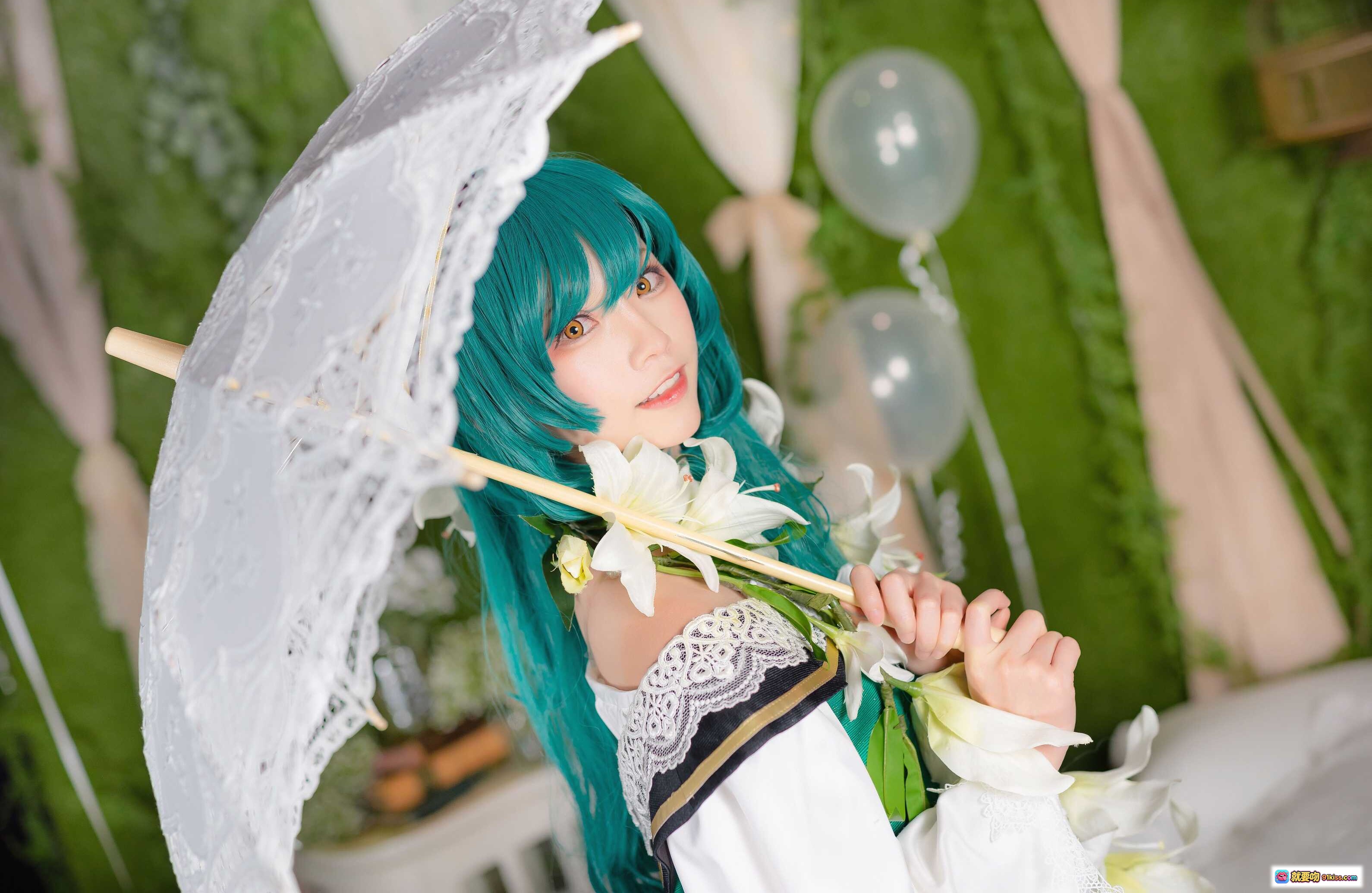 图片[1] - Kitaro绮太郎NO.059怪物弹珠cosplay 绿发少女蕾丝伞白花写真 甜美梦幻场景摄影 - 就要吻