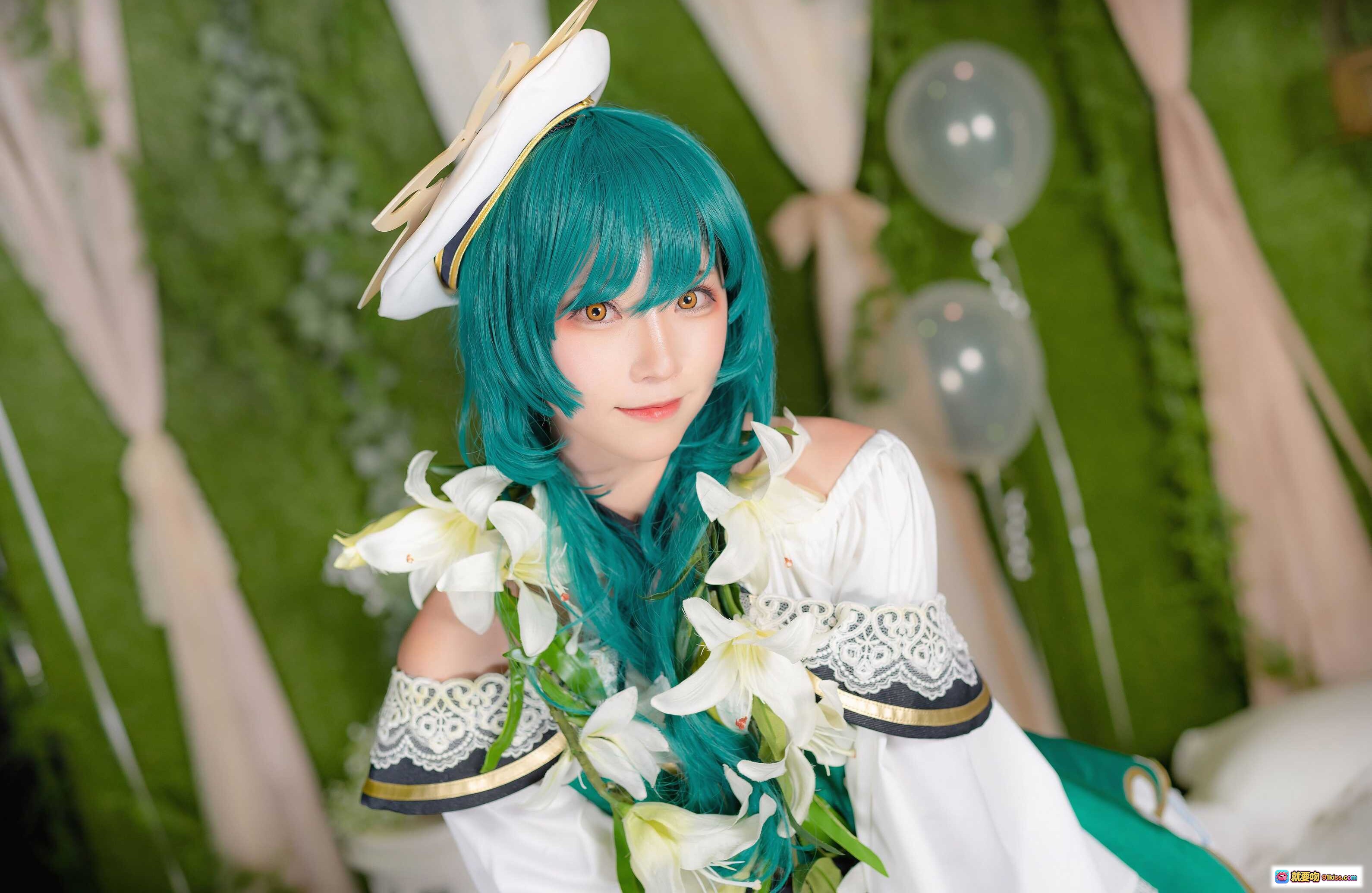 图片[6] - Kitaro绮太郎NO.059怪物弹珠cosplay 绿发少女蕾丝伞白花写真 甜美梦幻场景摄影 - 就要吻