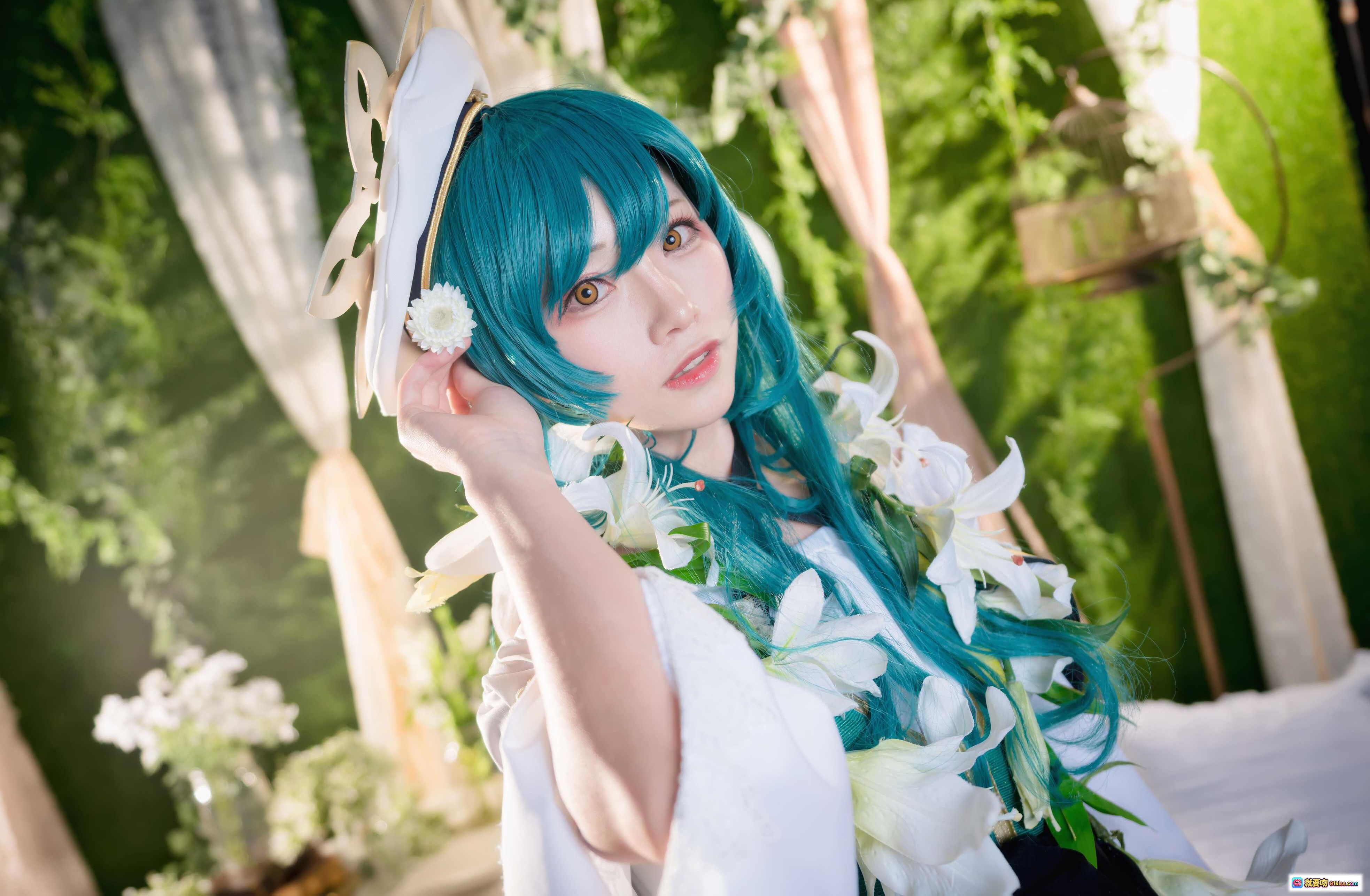 图片[4] - Kitaro绮太郎NO.059怪物弹珠cosplay 绿发少女蕾丝伞白花写真 甜美梦幻场景摄影 - 就要吻