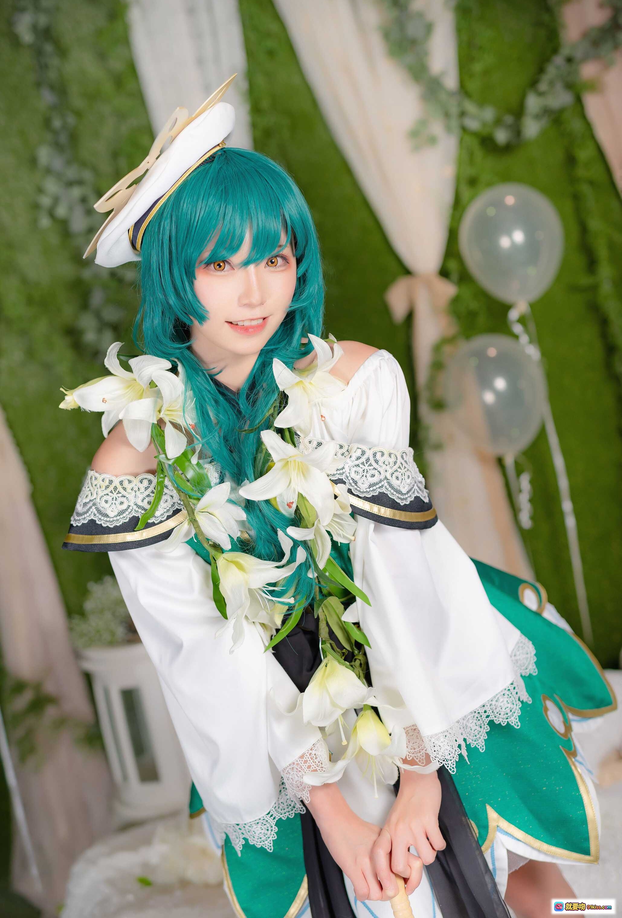 图片[9] - Kitaro绮太郎NO.059怪物弹珠cosplay 绿发少女蕾丝伞白花写真 甜美梦幻场景摄影 - 就要吻