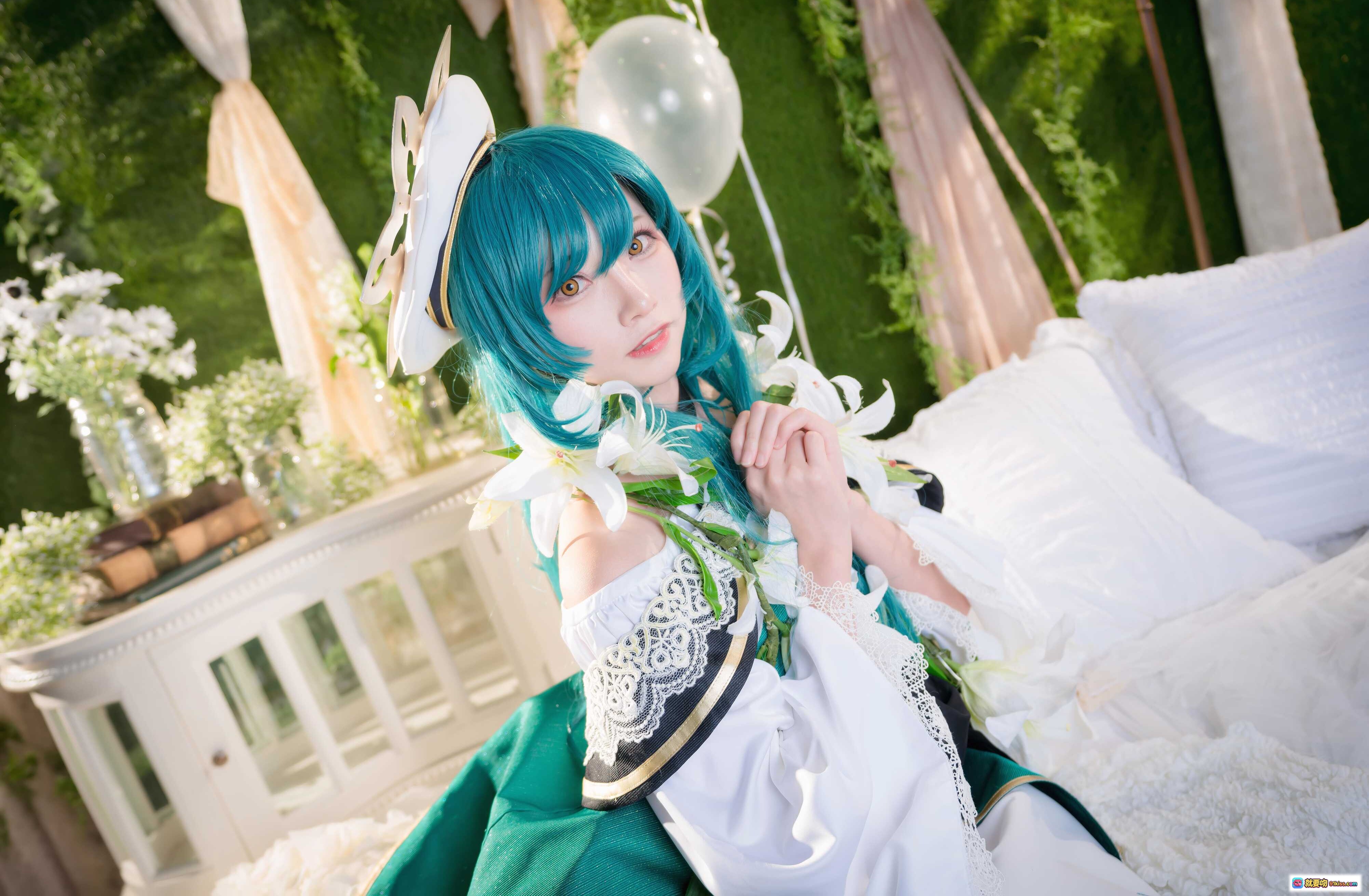 图片[5] - Kitaro绮太郎NO.059怪物弹珠cosplay 绿发少女蕾丝伞白花写真 甜美梦幻场景摄影 - 就要吻