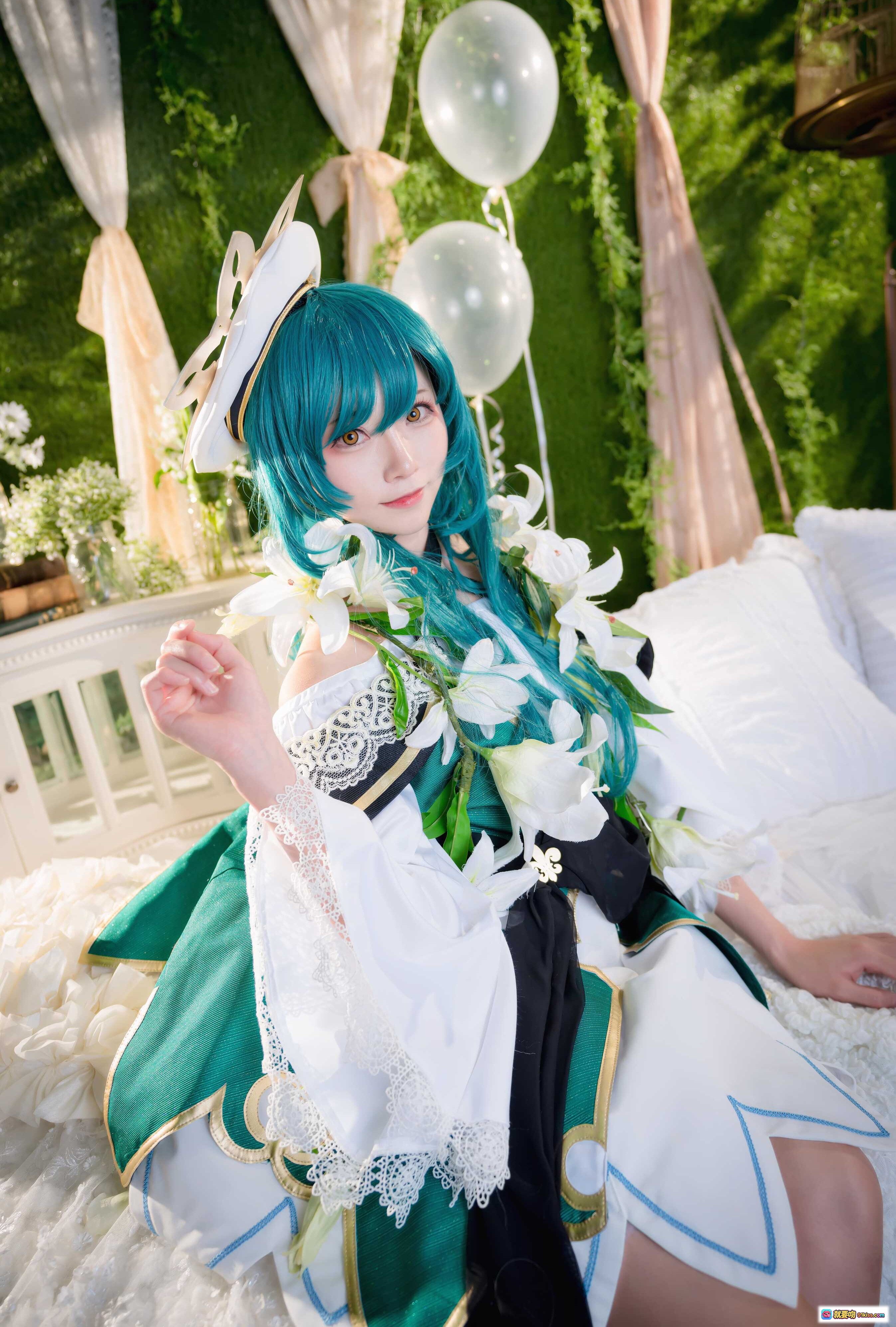 图片[10] - Kitaro绮太郎NO.059怪物弹珠cosplay 绿发少女蕾丝伞白花写真 甜美梦幻场景摄影 - 就要吻