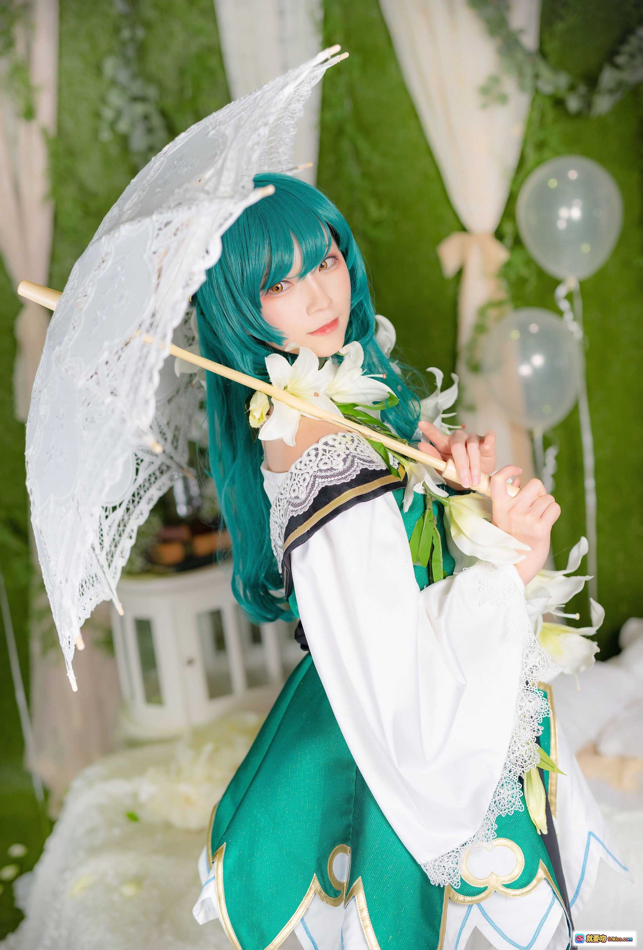 图片[2] - Kitaro绮太郎NO.059怪物弹珠cosplay 绿发少女蕾丝伞白花写真 甜美梦幻场景摄影 - 就要吻