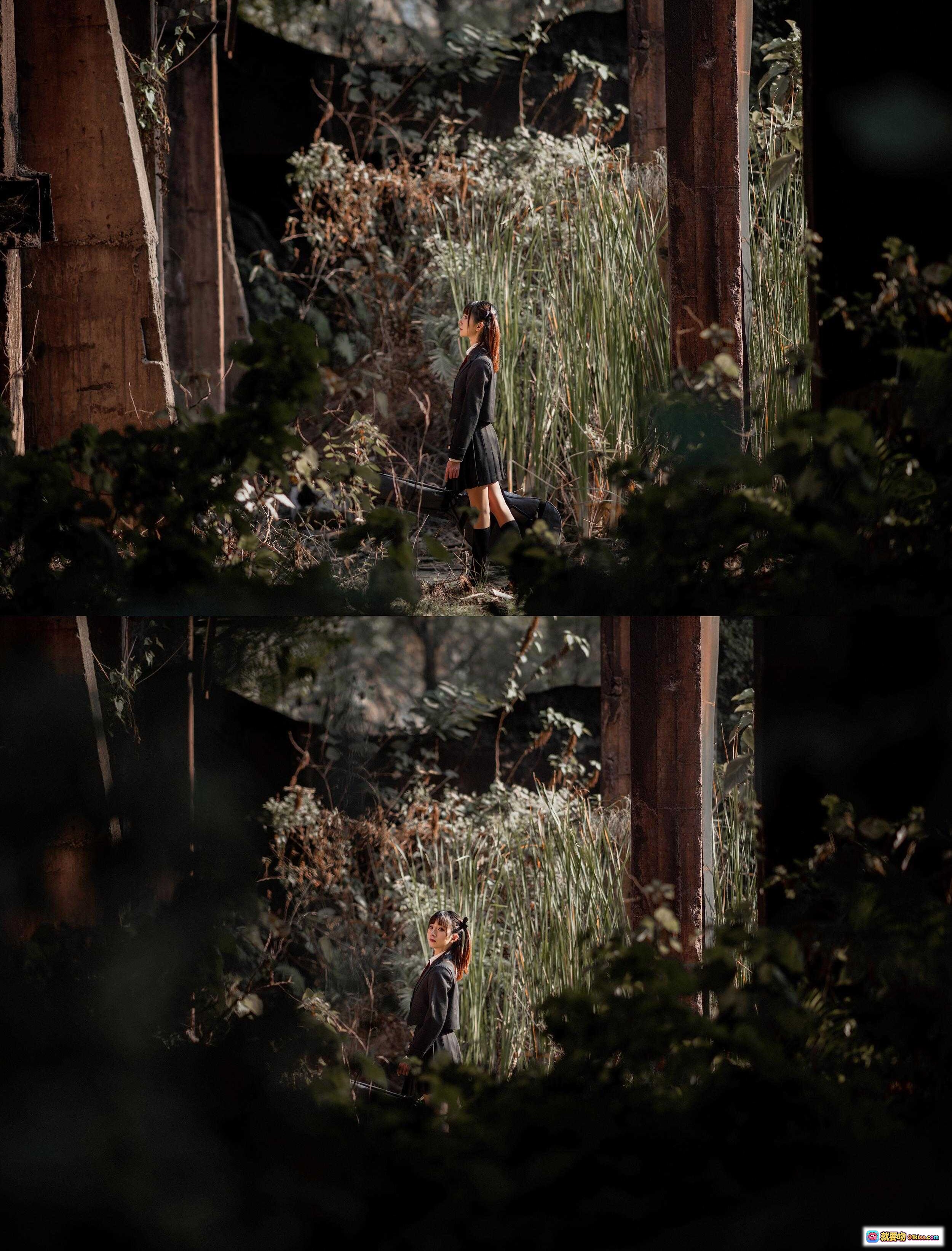 图片[10] - JK制服少女背吉他包写真 | 黑色百褶裙双马尾 | 废墟光影氛围感 | Kitaro绮太郎NO.072少女情怀总是诗 - 就要吻