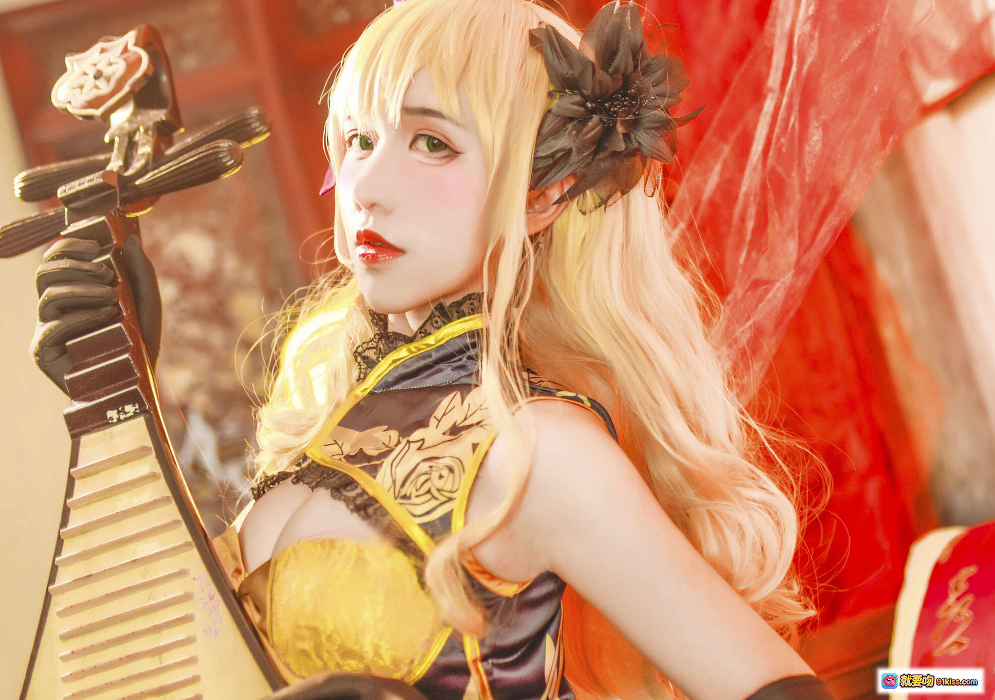 图片[7] - 九曲Jean NO.012 潘金莲 Cosplay写真｜古风旗袍美腿黑丝高跟｜红纱古典室内场景｜8P高清图集 - 就要吻