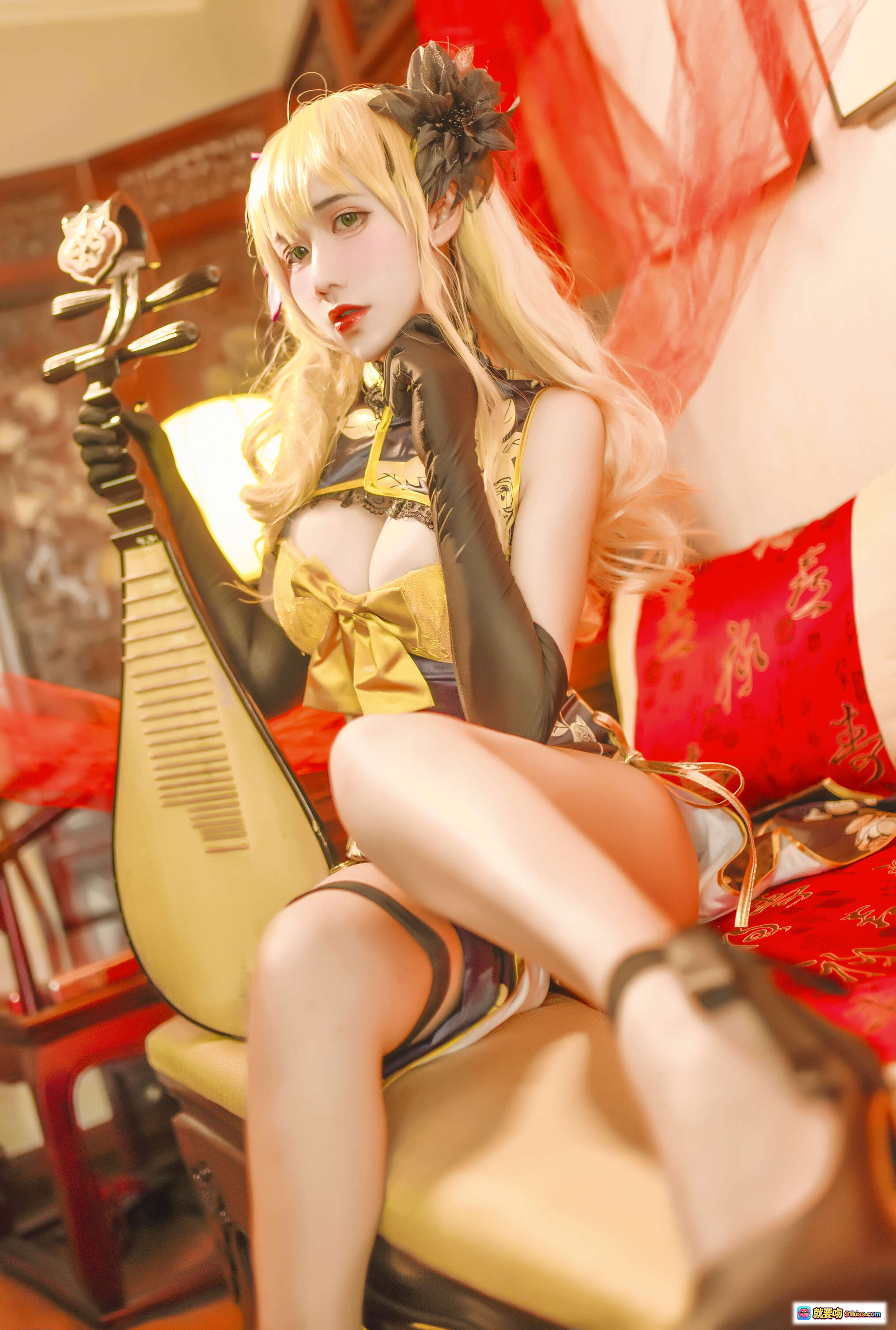 图片[5] - 九曲Jean NO.012 潘金莲 Cosplay写真｜古风旗袍美腿黑丝高跟｜红纱古典室内场景｜8P高清图集 - 就要吻