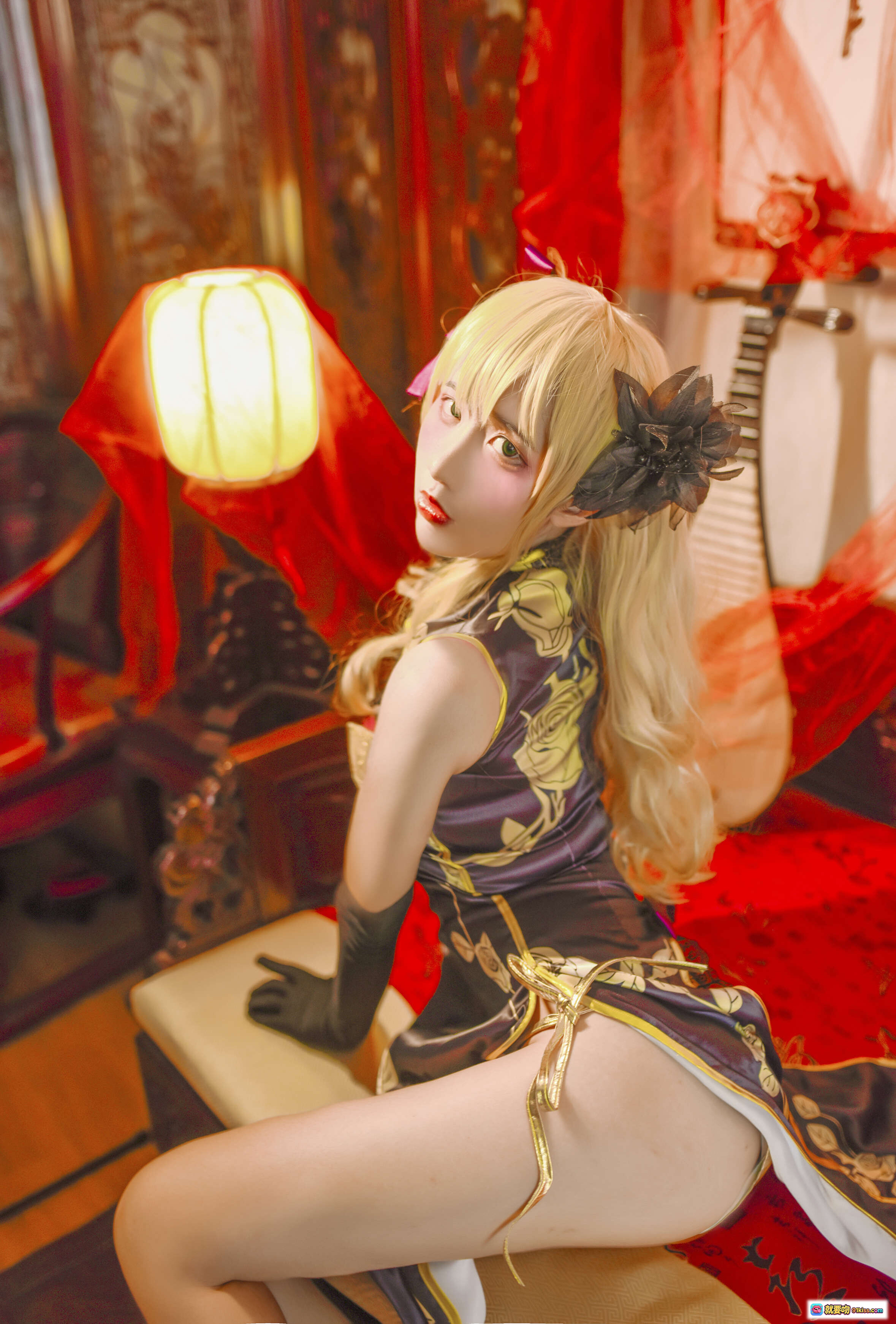 图片[8] - 九曲Jean NO.012 潘金莲 Cosplay写真｜古风旗袍美腿黑丝高跟｜红纱古典室内场景｜8P高清图集 - 就要吻