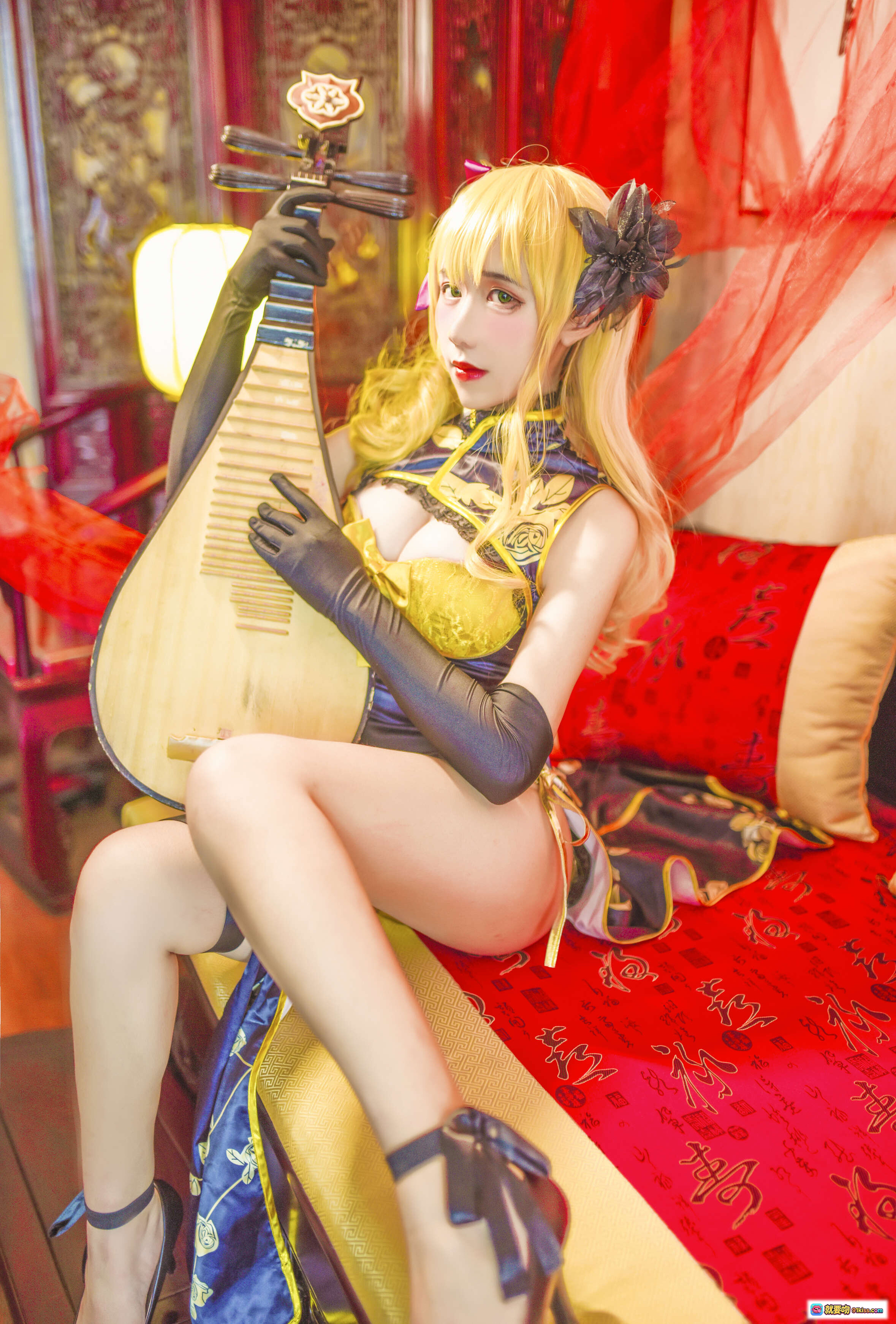 图片[3] - 九曲Jean NO.012 潘金莲 Cosplay写真｜古风旗袍美腿黑丝高跟｜红纱古典室内场景｜8P高清图集 - 就要吻