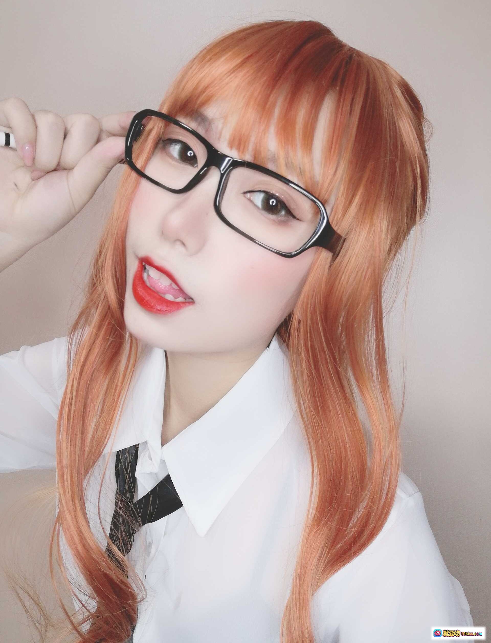图片[5] - 芋圆侑子NO.002黑丝女教师cosplay，橙发眼镜白衬衫黑领带写真集 - 就要吻