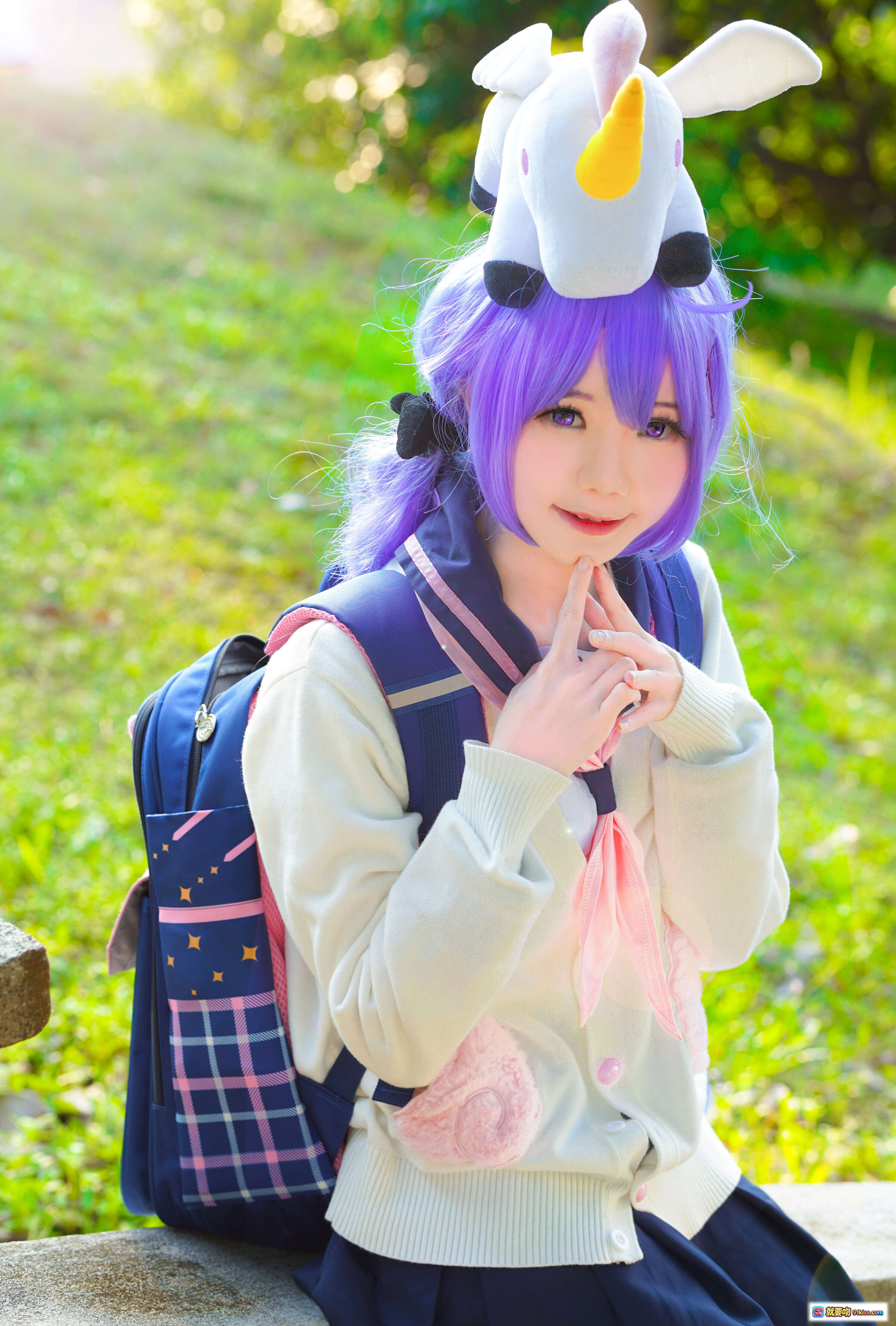 图片[2] - Sally Dorasnow NO.011 独角兽JK制服 Cosplay 紫发少女 白色毛绒独角兽发饰 校园风写真 34P高清图集 - 就要吻