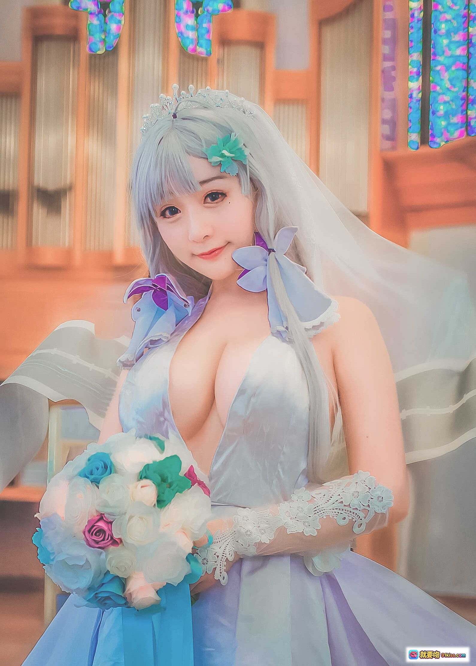 图片[7] - 三刀刀miido NO.008 碧蓝航线光辉COS婚纱写真 甜美新娘造型 教堂场景 染色玻璃背景 精致头纱花束 洛丽塔风格 16P高清图集 - 就要吻