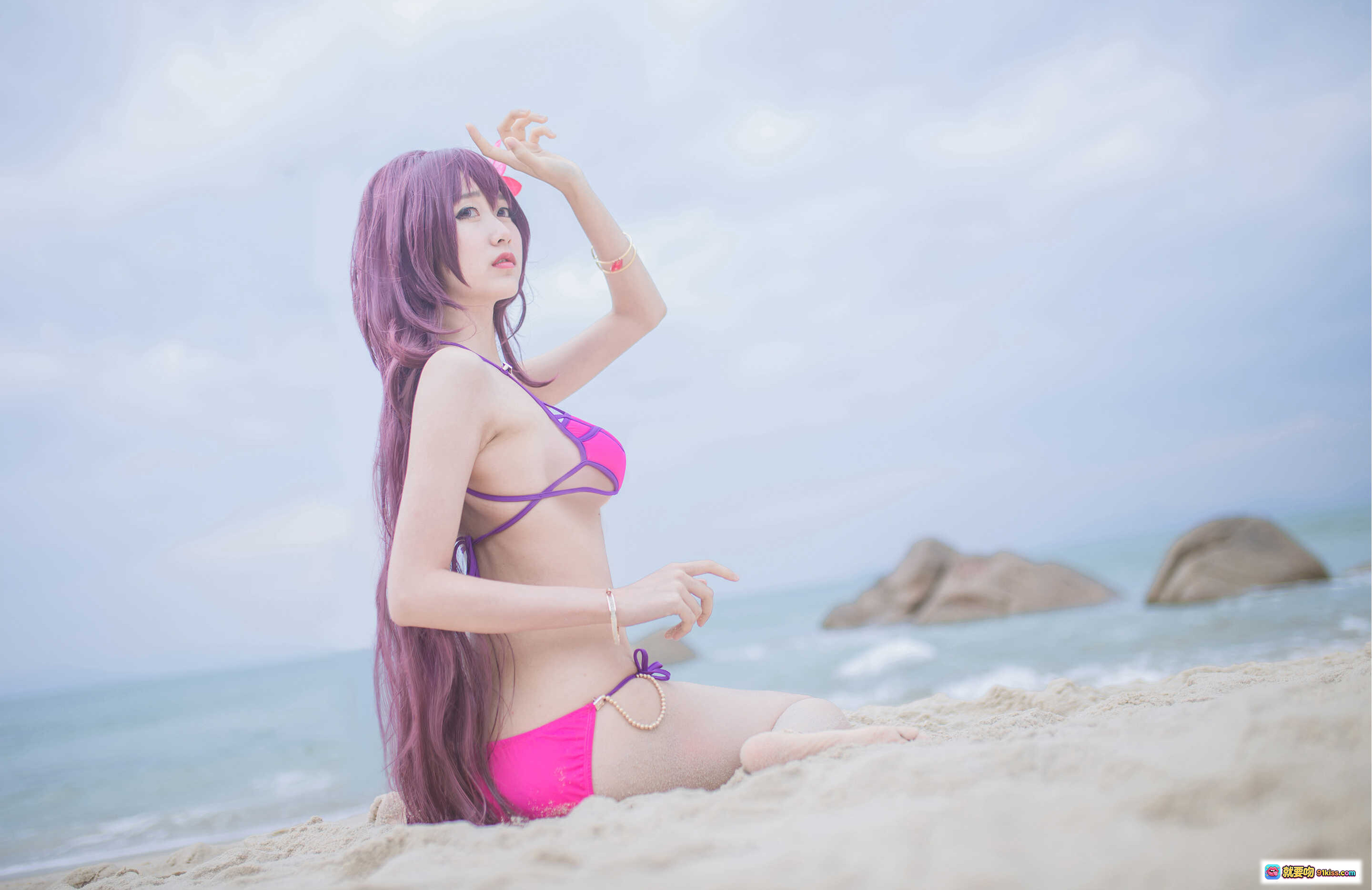 图片[7] - 木绵绵OwO NO.016 泳装斯卡哈Cosplay 海边紫发少女 粉紫比基尼写真 21P高清图集 - 就要吻