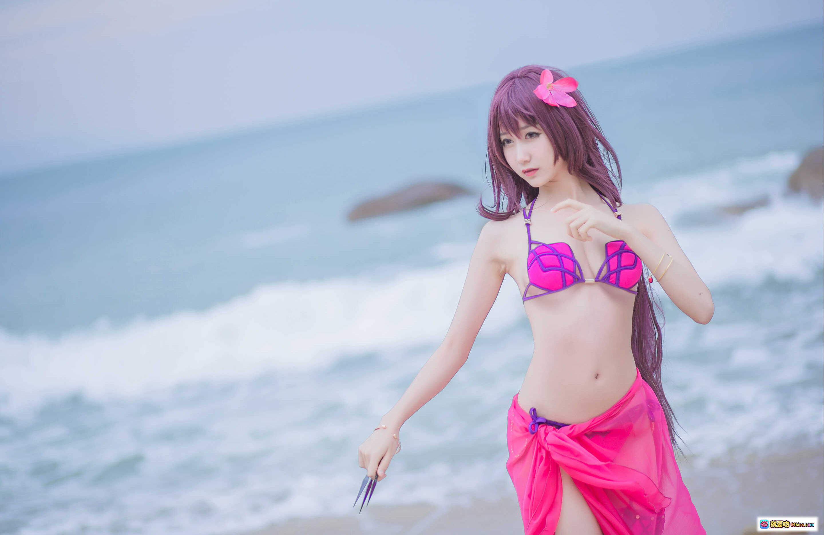 图片[6] - 木绵绵OwO NO.016 泳装斯卡哈Cosplay 海边紫发少女 粉紫比基尼写真 21P高清图集 - 就要吻
