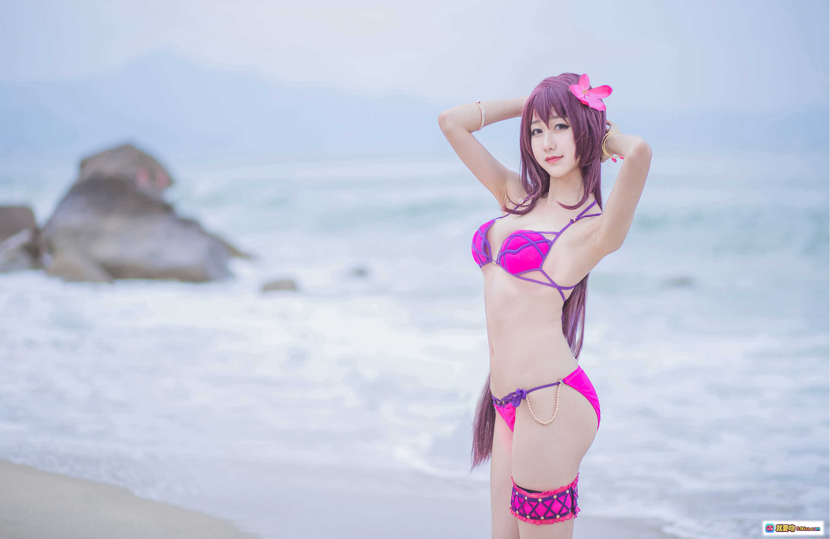 图片[8] - 木绵绵OwO NO.016 泳装斯卡哈Cosplay 海边紫发少女 粉紫比基尼写真 21P高清图集 - 就要吻