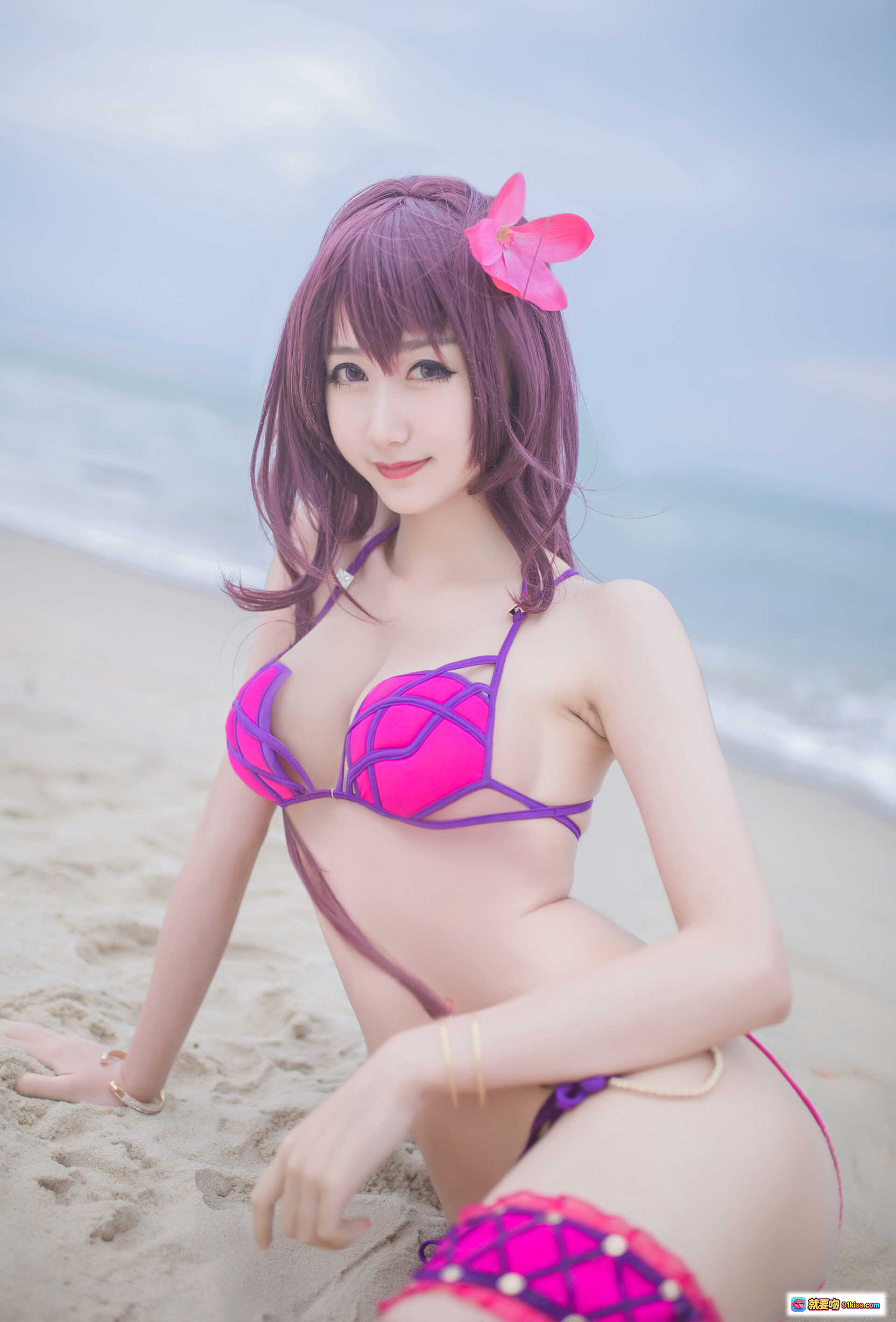 图片[9] - 木绵绵OwO NO.016 泳装斯卡哈Cosplay 海边紫发少女 粉紫比基尼写真 21P高清图集 - 就要吻