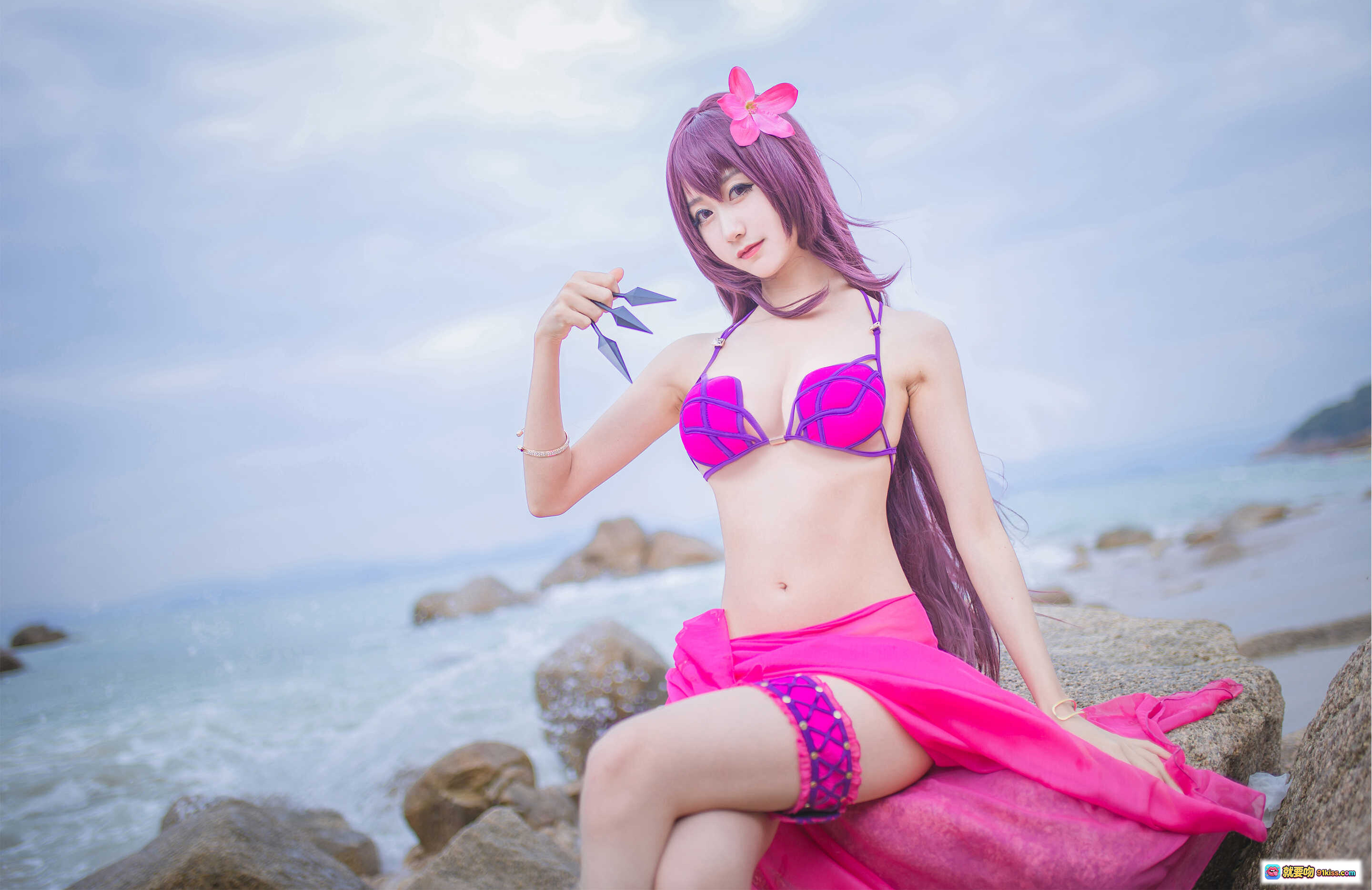 图片[4] - 木绵绵OwO NO.016 泳装斯卡哈Cosplay 海边紫发少女 粉紫比基尼写真 21P高清图集 - 就要吻
