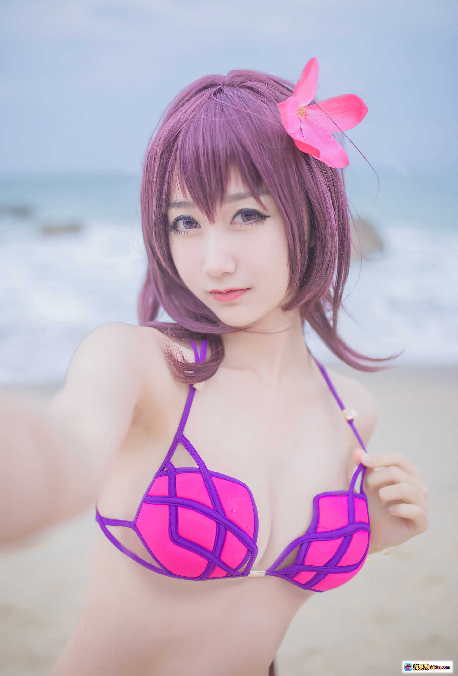 图片[10] - 木绵绵OwO NO.016 泳装斯卡哈Cosplay 海边紫发少女 粉紫比基尼写真 21P高清图集 - 就要吻