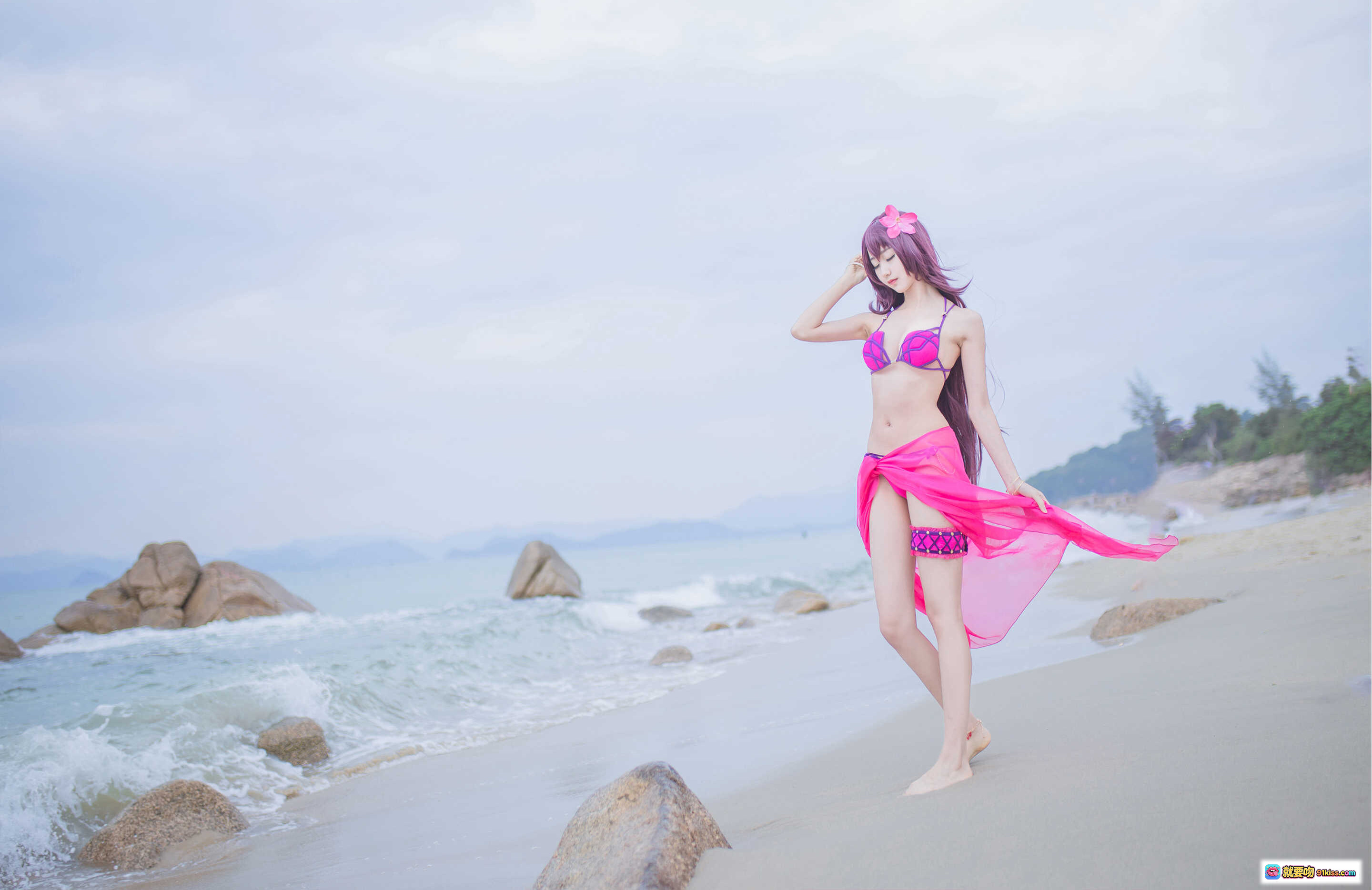 图片[5] - 木绵绵OwO NO.016 泳装斯卡哈Cosplay 海边紫发少女 粉紫比基尼写真 21P高清图集 - 就要吻