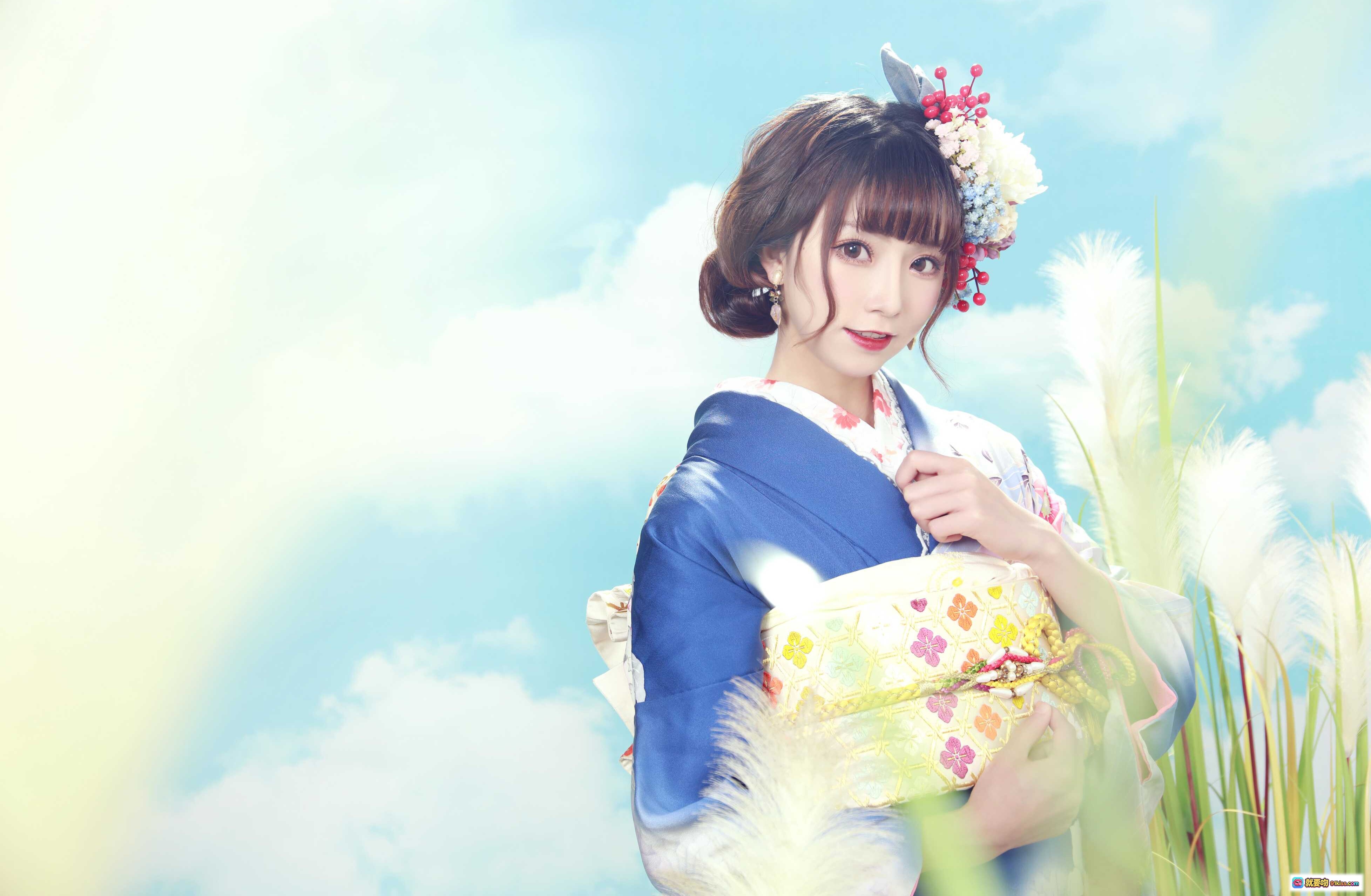 图片[6] - 和服少女写真 | 花卉图案蓝底和服 | 日式传统发型配花饰 | 芦苇草地蓝天背景 | 精致木屐搭配 | Kitaro绮太郎NO.062系列 - 就要吻