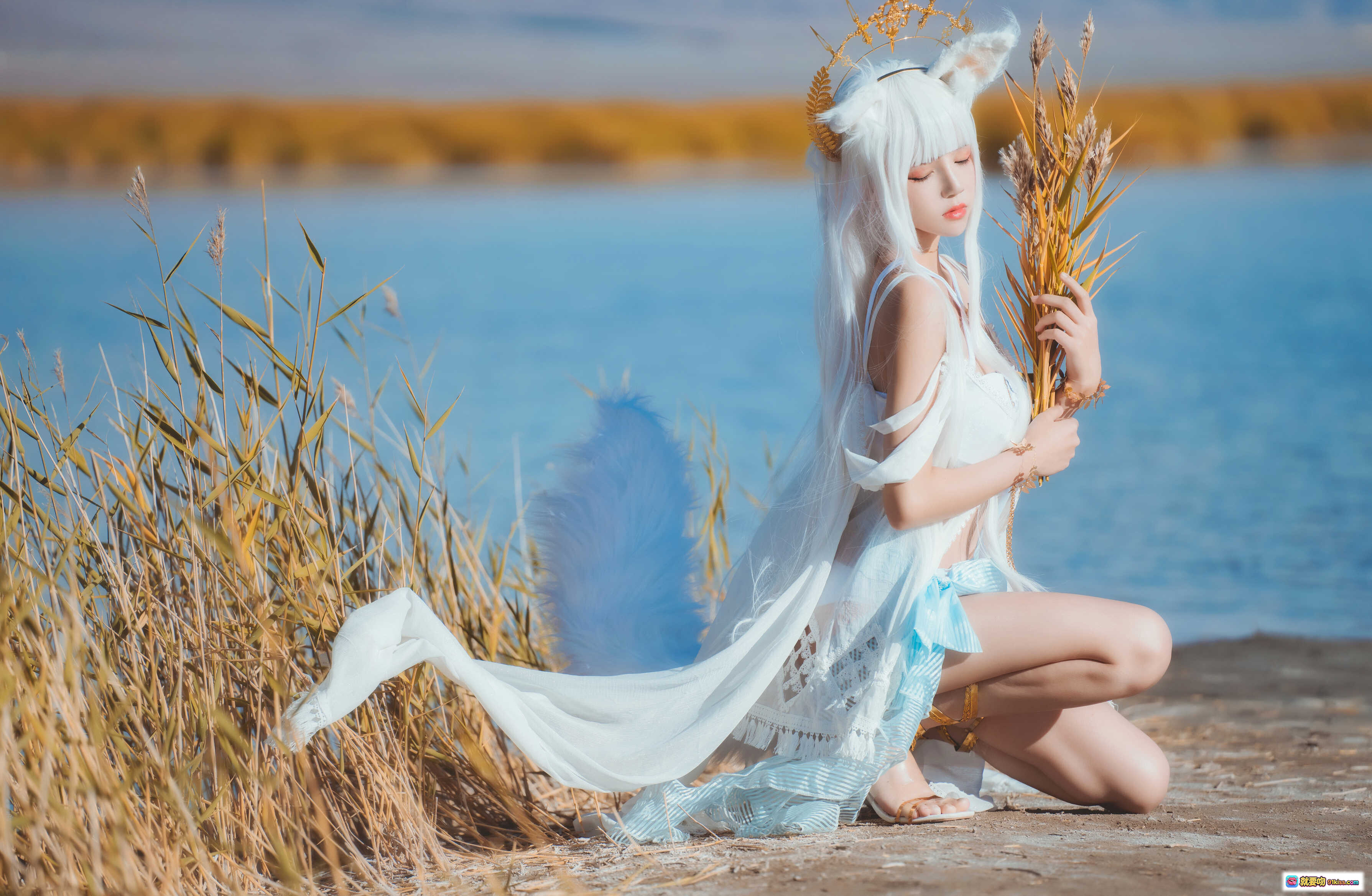 图片[10] - 桜桃喵白金cosplay明日方舟角色 金发猫耳皇冠蓝白裙装草原山景写真 - 就要吻