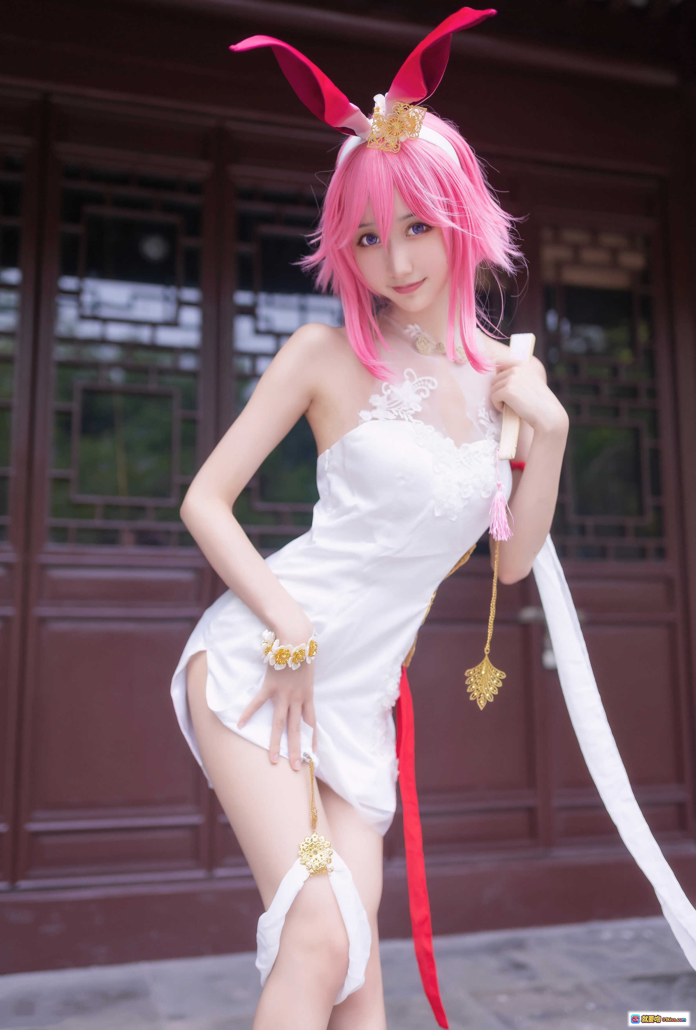 木绵绵OwO八重樱cosplay粉发兔耳白裙古风写真31P高清美图 - 就要吻
