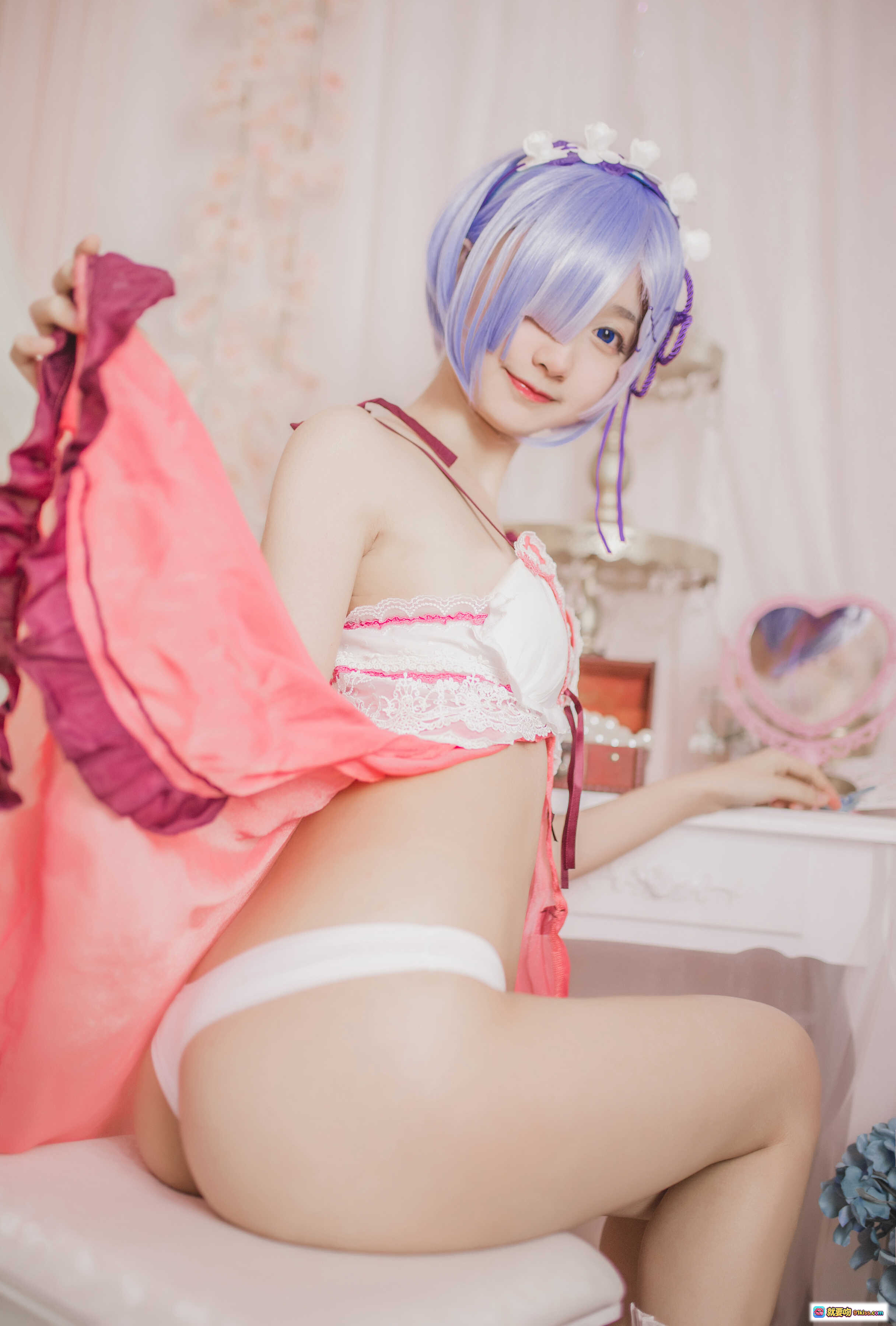 图片[3] - 木绵绵OwO NO.004 蕾姆睡衣Cosplay 24P高清写真 紫发少女粉白蕾丝内衣床照甜美私房图 - 就要吻