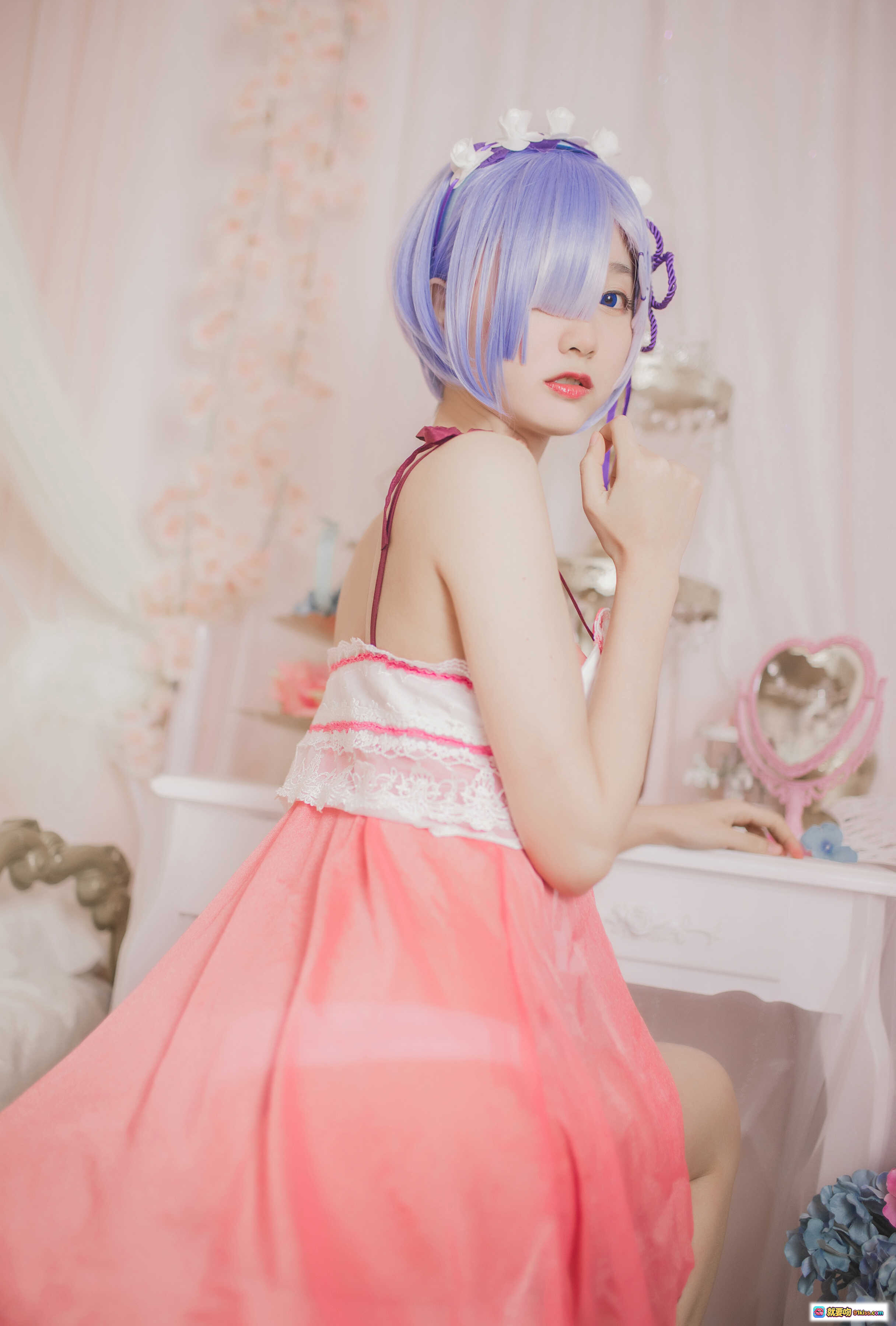 图片[4] - 木绵绵OwO NO.004 蕾姆睡衣Cosplay 24P高清写真 紫发少女粉白蕾丝内衣床照甜美私房图 - 就要吻
